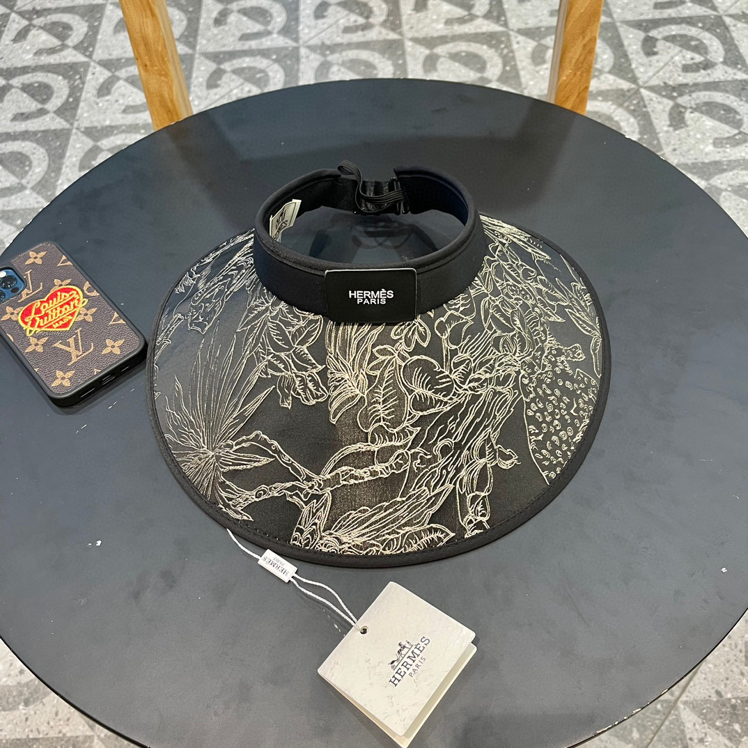  爱马仕Hermes中式风遮阳帽女防晒夏季发卡式空顶大沿防紫外线户外骑车太阳帽潮