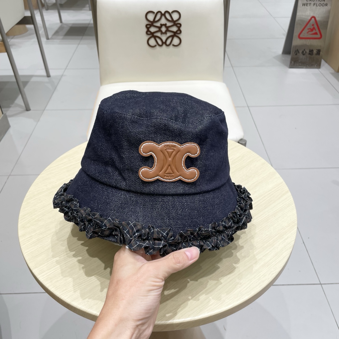  celine塞琳甜美拼色花边牛仔渔夫帽女秋季显脸小水桶帽百搭时尚盆帽子