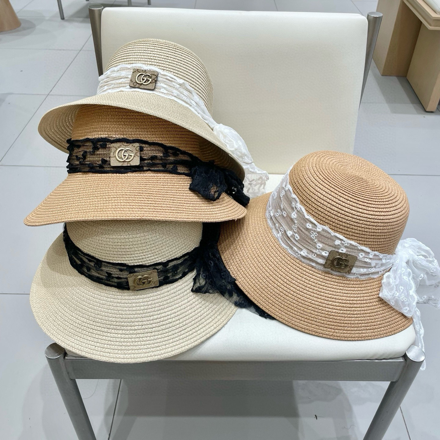  Gucci古奇2025新款赫本风法式甜美蕾丝圆顶草帽子女夏季出游防晒遮阳太阳帽