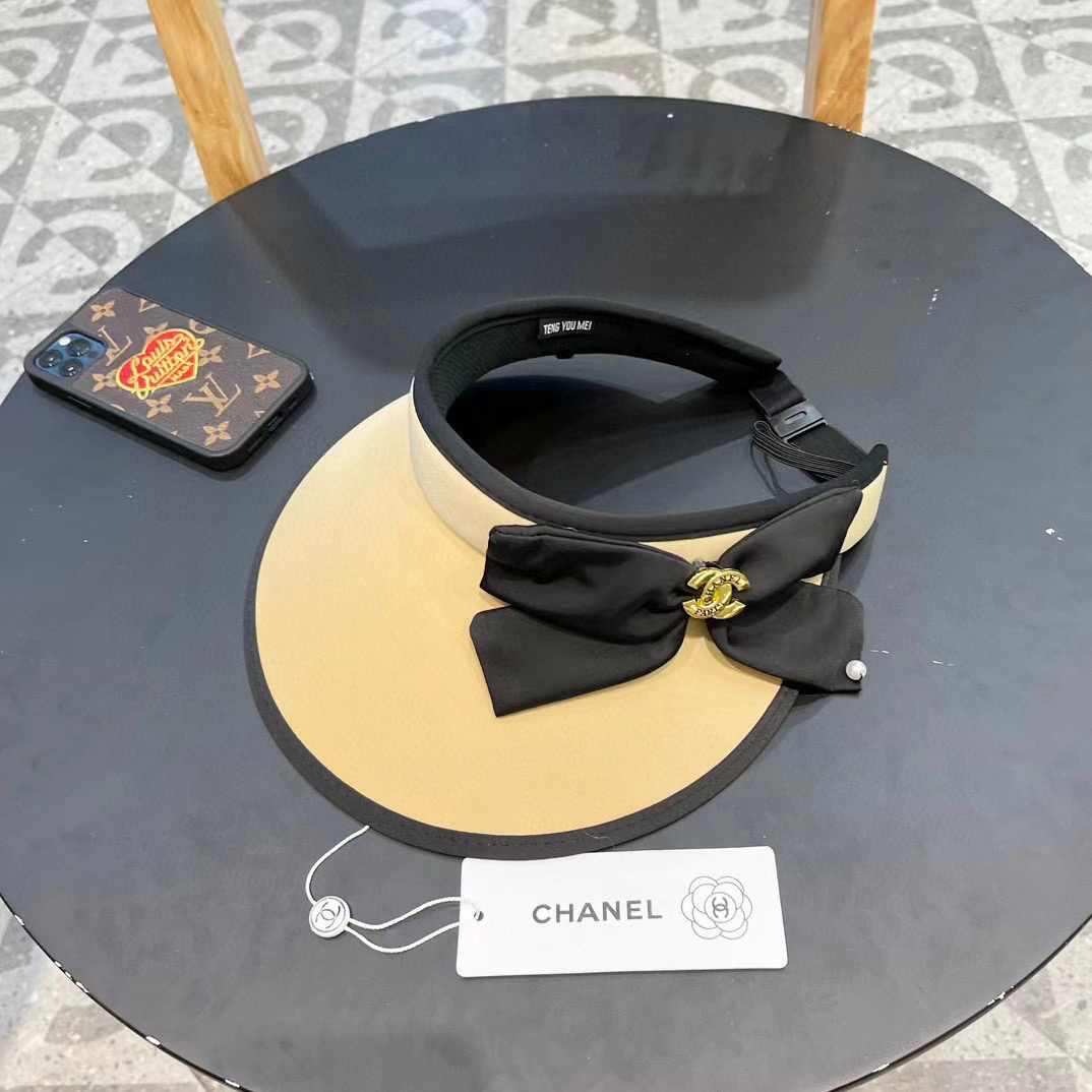  Chanel香奈儿夏季防紫外线空顶帽子女款新款甜美蝴蝶结大檐遮阳防晒太阳帽