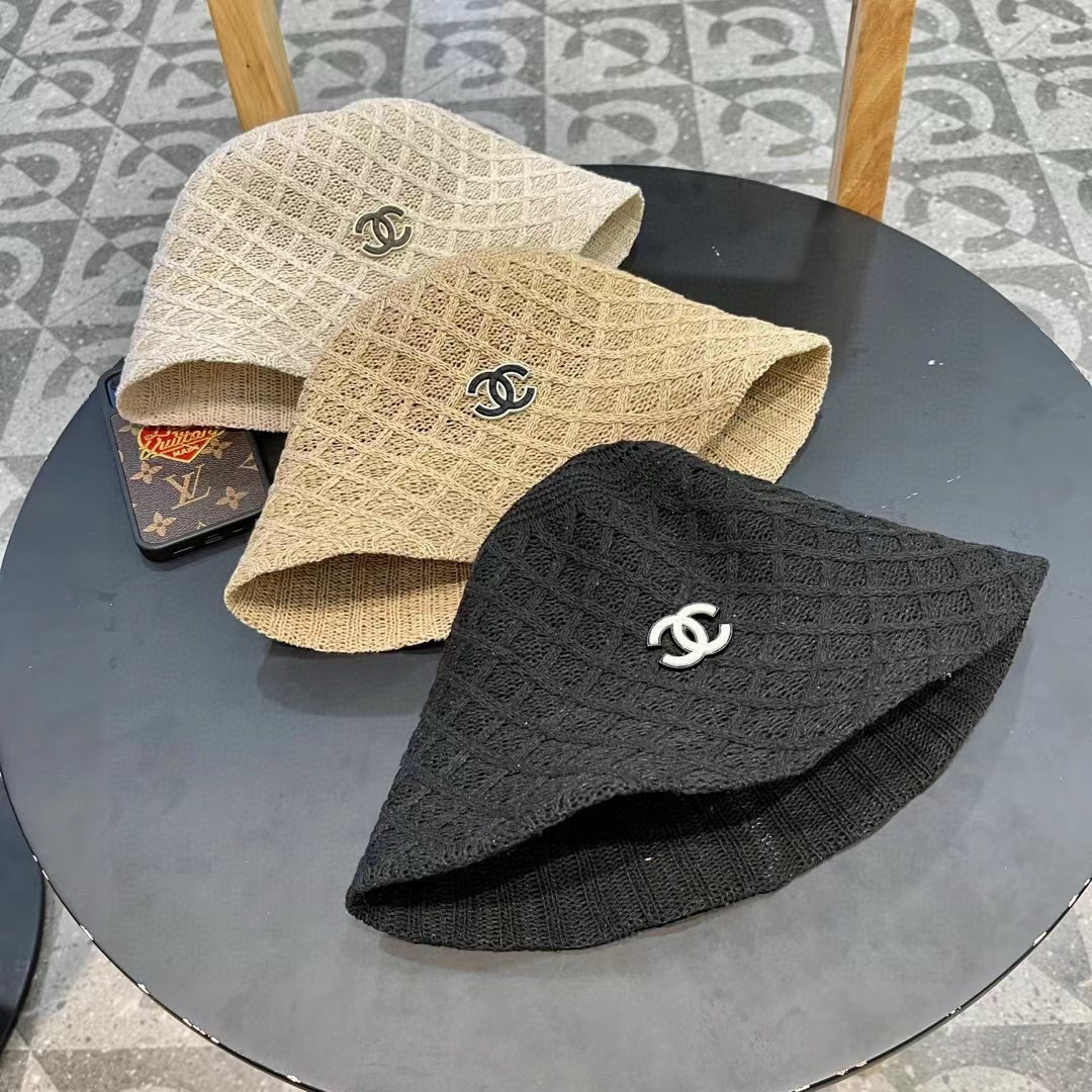  香奈儿Chanel夏季透气防晒针织渔夫帽子女格纹显脸小休闲百搭出游遮阳纯色盆帽