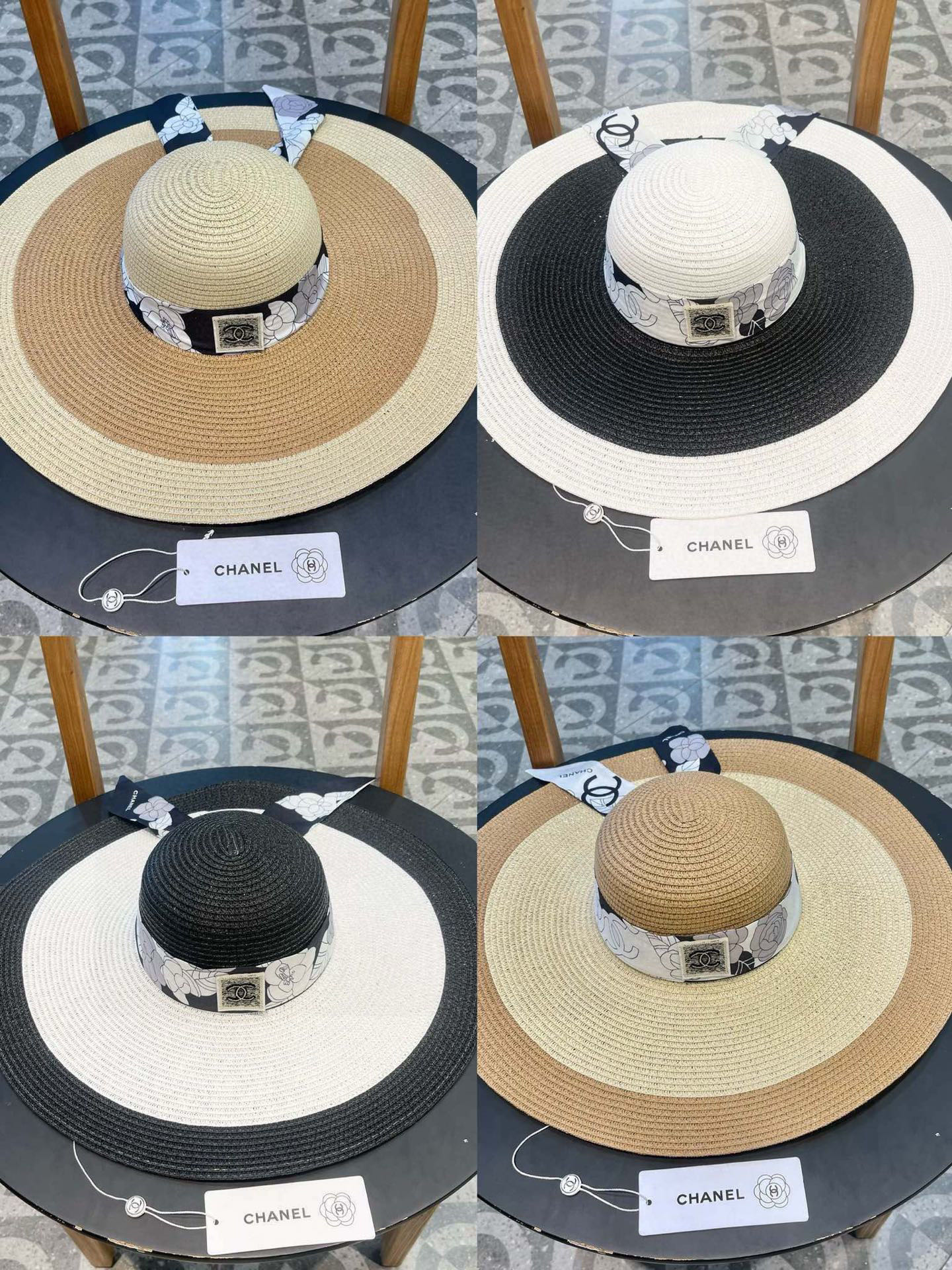    Chanel香奈儿草帽，沙滩大檐帽，拼色草帽，头围57cm