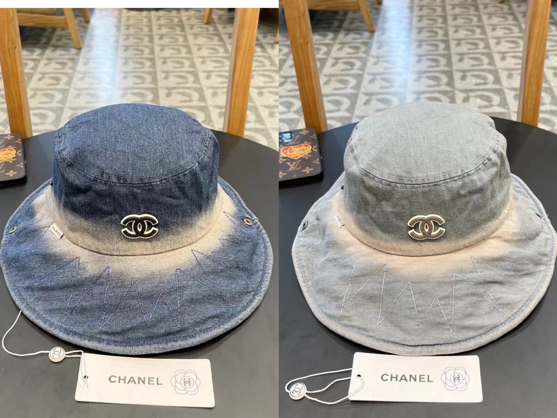 Chanel扎染水洗做旧牛仔渔夫帽子女春夏季百搭户外爬山露营大帽檐登山帽