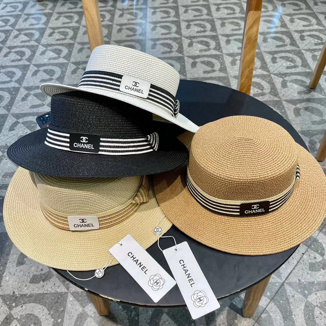  Chanel香奈儿草帽，沙滩平顶檐帽，拼色草帽，头围57cm