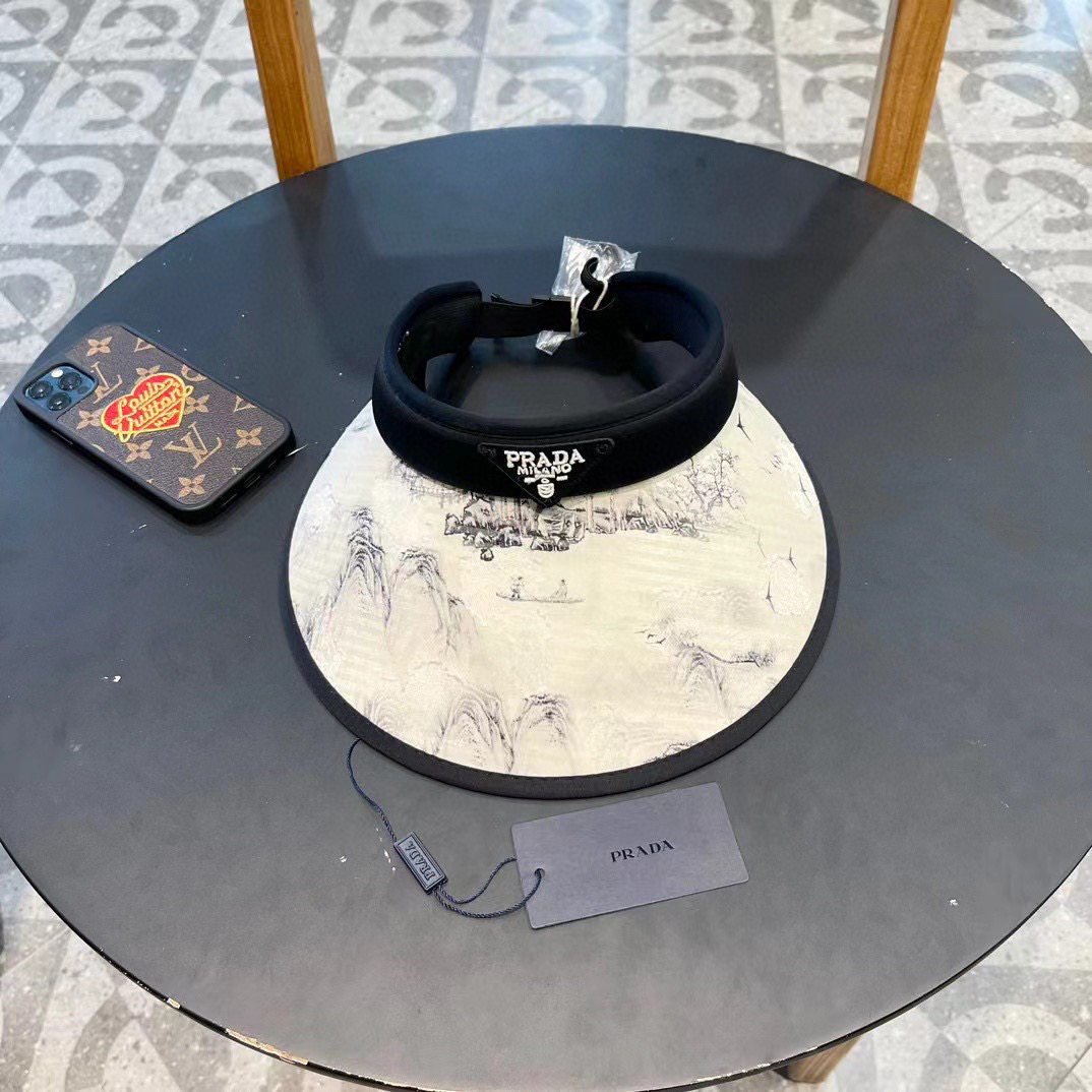   Prada普拉达新款中式国风水墨画帽子女夏季空顶防晒帽遮阳太阳帽冰丝防紫外线 