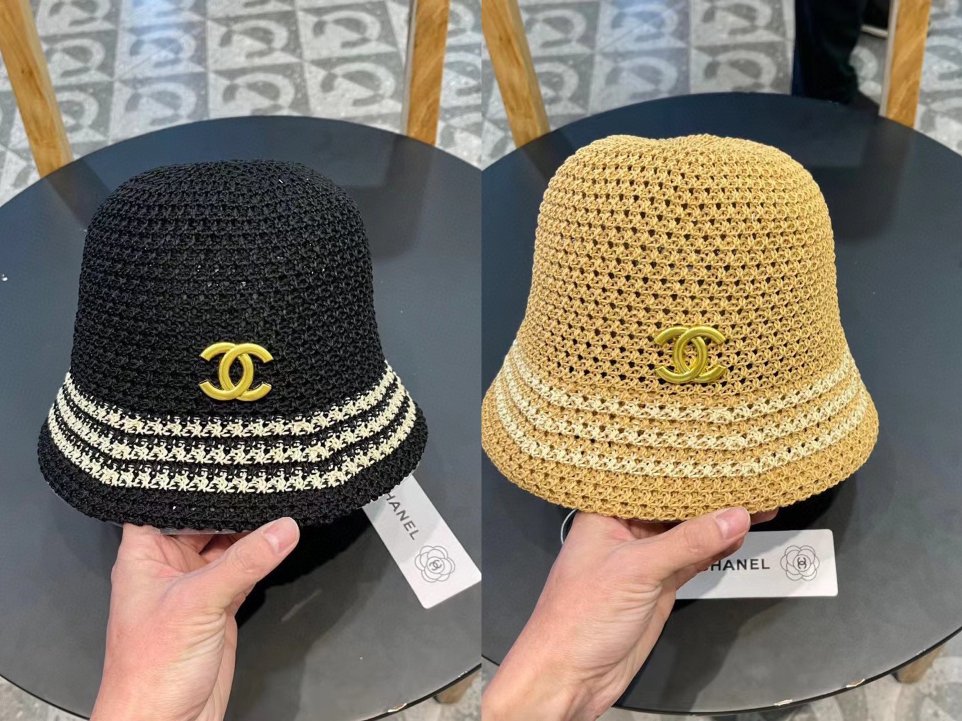   香奈儿Chanel镂空透气条纹渔夫帽子女夏天百搭可折叠显脸小盆帽遮阳防晒太阳帽 