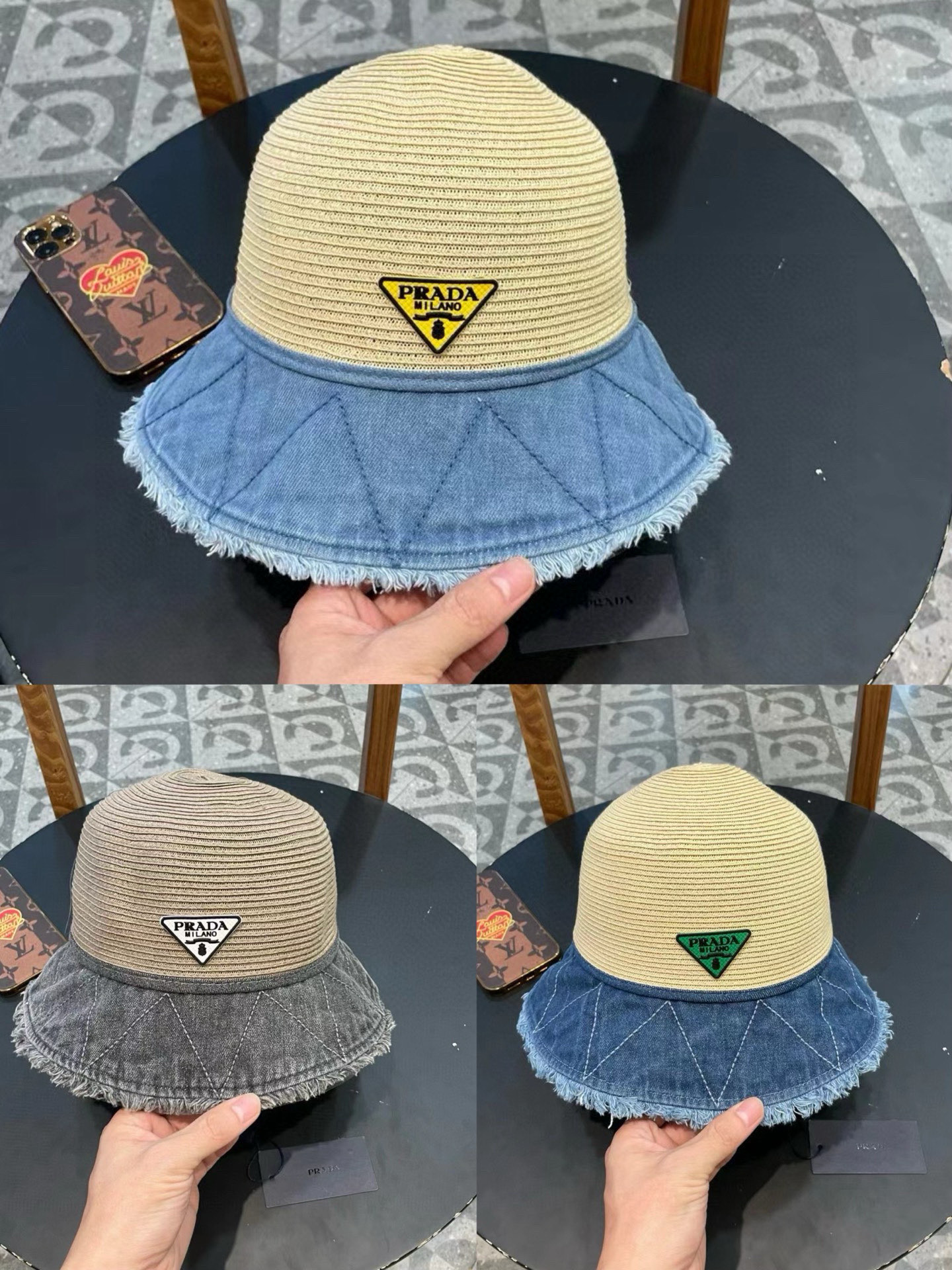  普拉达Prada沙滩编织牛仔布拼接渔夫帽子女夏季新款简约百搭户外海边度假遮阳