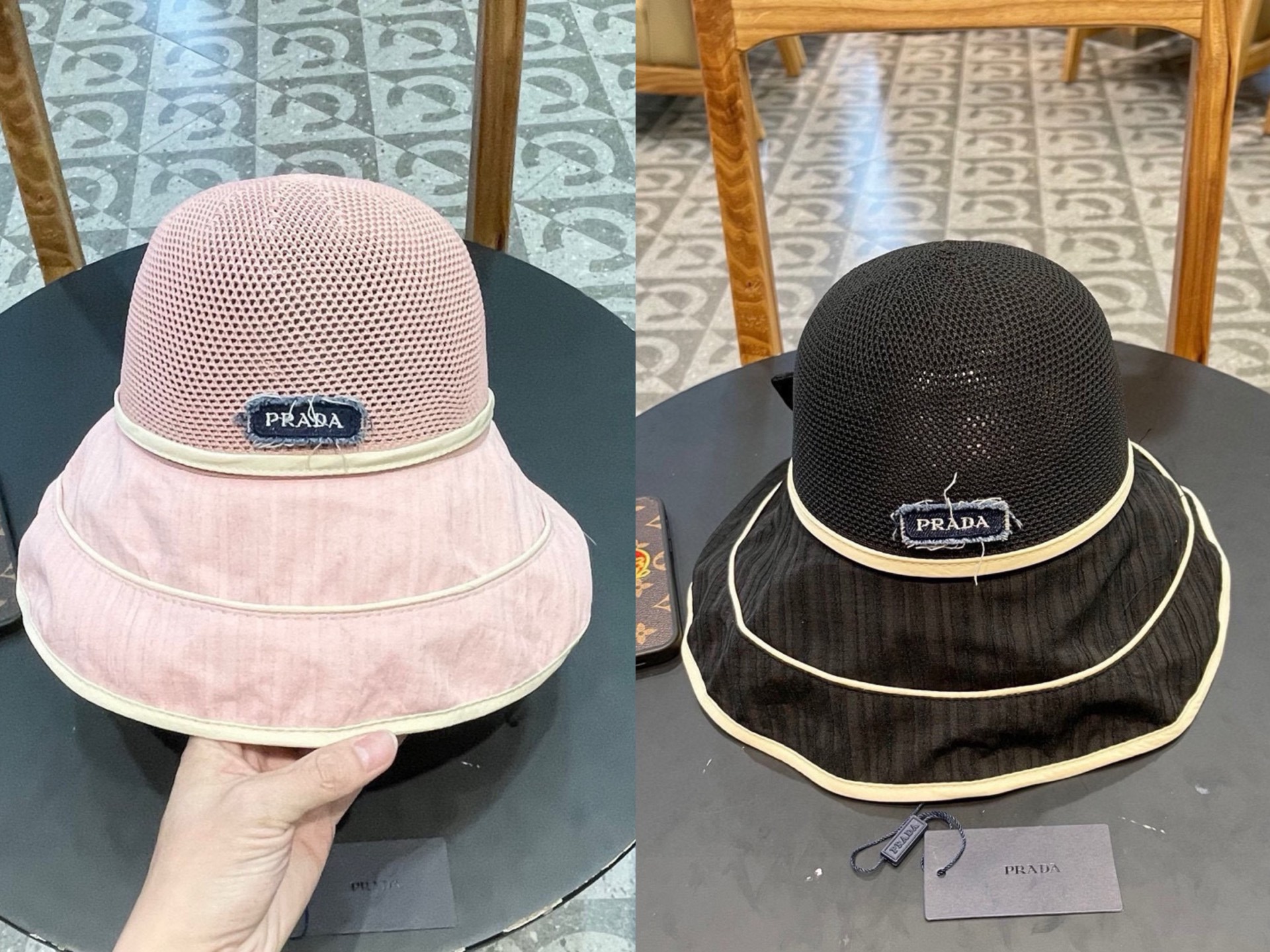  PRADA普拉达 渔夫帽新款夏季女大帽檐防晒帽韩版蝴蝶结透气遮阳帽太阳百搭帽子