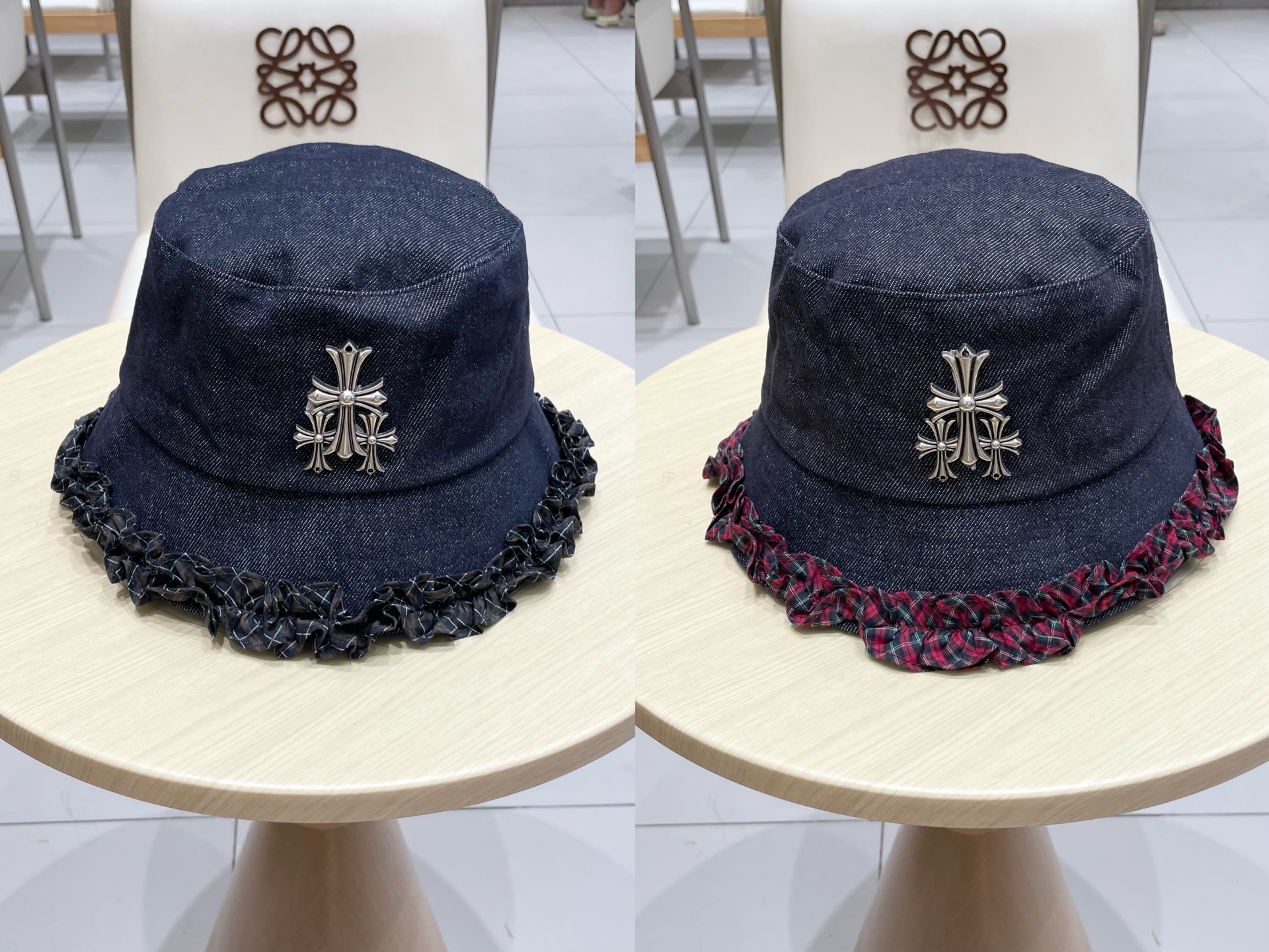 Chrome Hearts经典格纹木耳边牛仔渔夫帽女秋冬防晒太阳帽甜美百搭遮阳盆帽