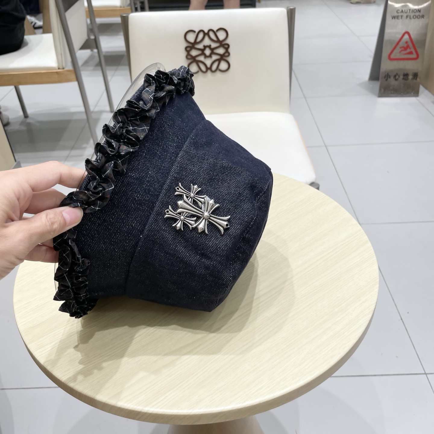 Chrome Hearts经典格纹木耳边牛仔渔夫帽女秋冬防晒太阳帽甜美百搭遮阳盆帽