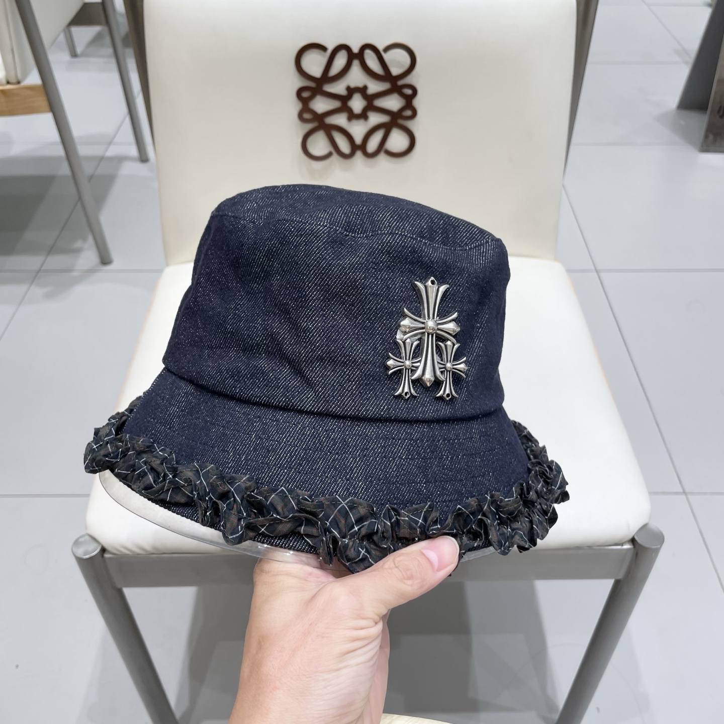 Chrome Hearts经典格纹木耳边牛仔渔夫帽女秋冬防晒太阳帽甜美百搭遮阳盆帽