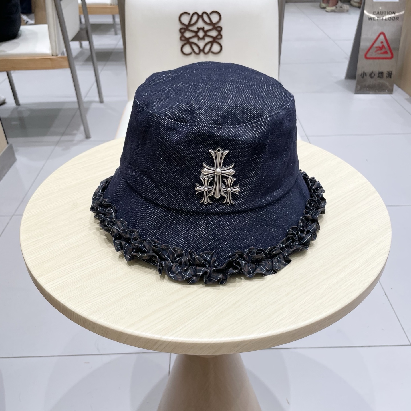 Chrome Hearts经典格纹木耳边牛仔渔夫帽女秋冬防晒太阳帽甜美百搭遮阳盆帽