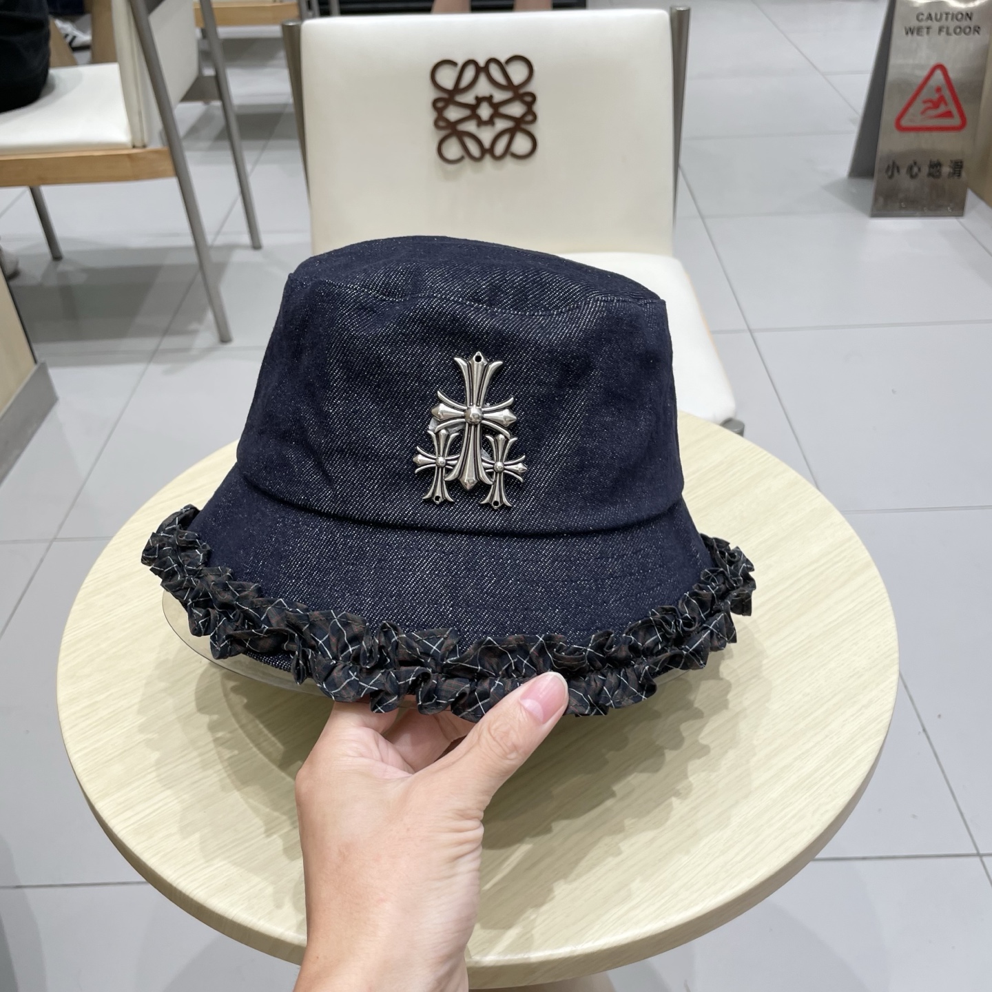 Chrome Hearts经典格纹木耳边牛仔渔夫帽女秋冬防晒太阳帽甜美百搭遮阳盆帽