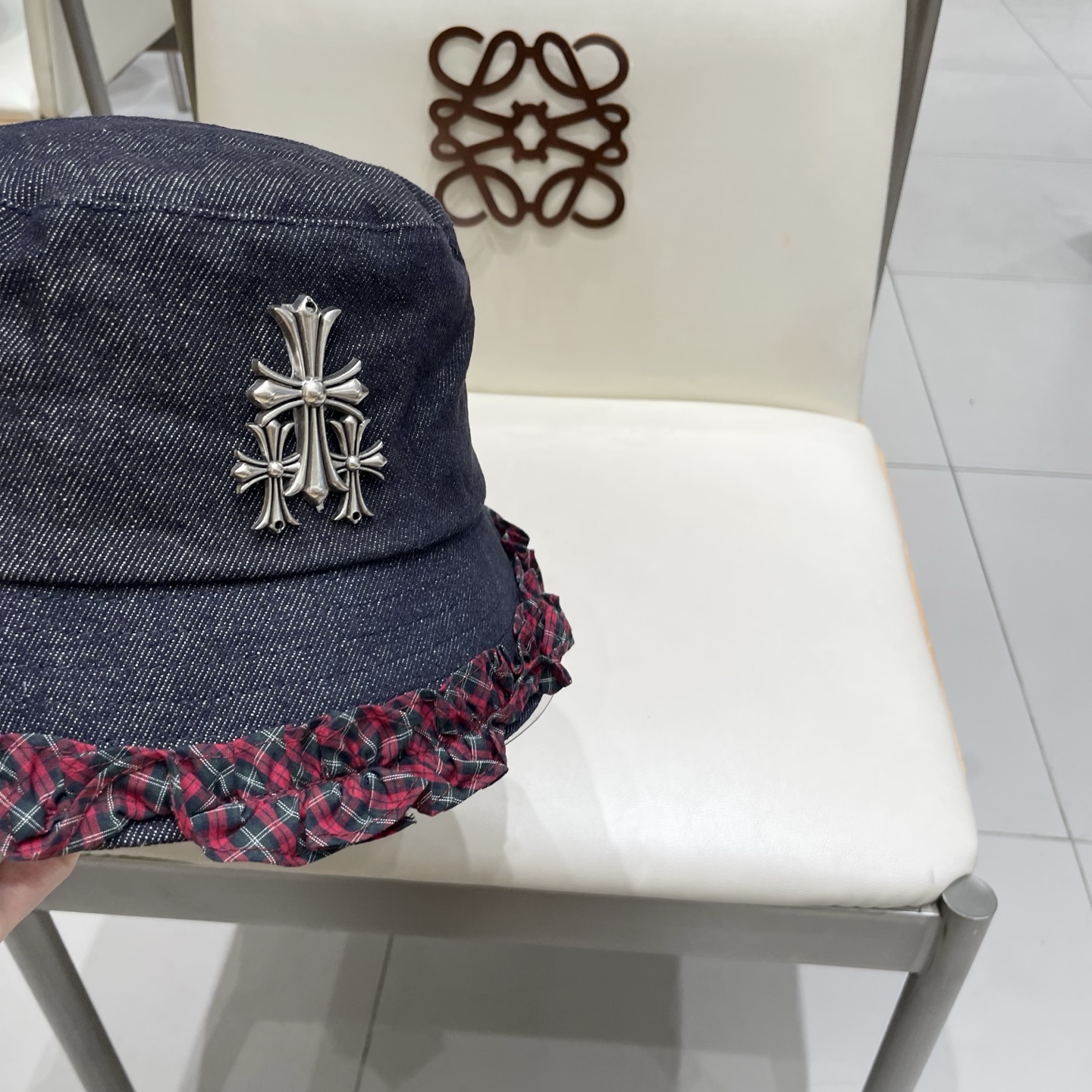 Chrome Hearts经典格纹木耳边牛仔渔夫帽女秋冬防晒太阳帽甜美百搭遮阳盆帽