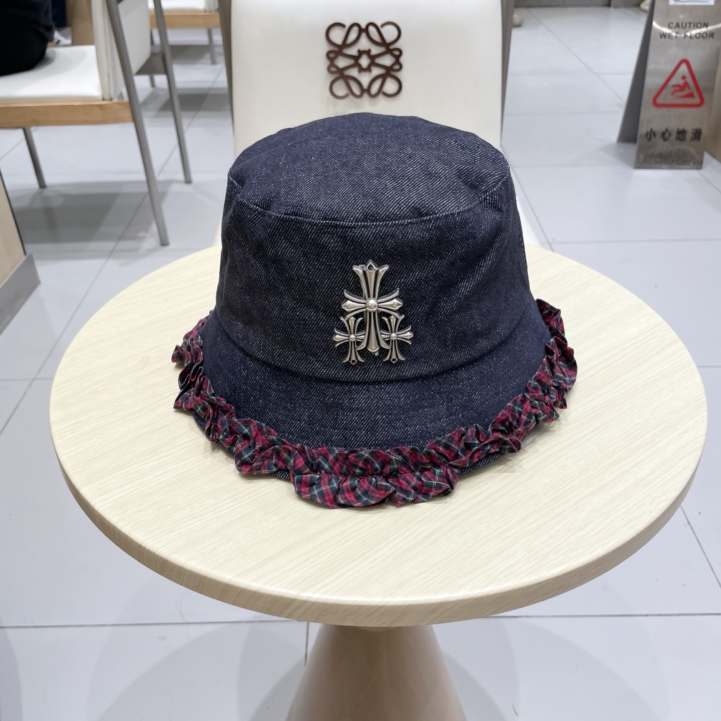 Chrome Hearts经典格纹木耳边牛仔渔夫帽女秋冬防晒太阳帽甜美百搭遮阳盆帽