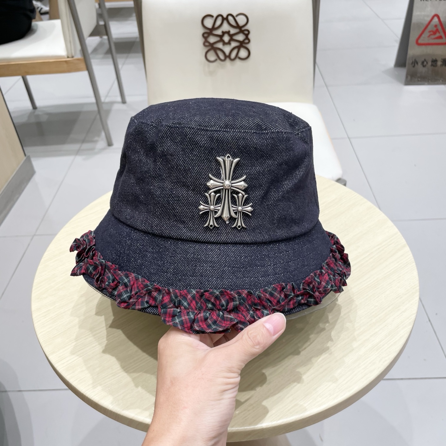 Chrome Hearts经典格纹木耳边牛仔渔夫帽女秋冬防晒太阳帽甜美百搭遮阳盆帽