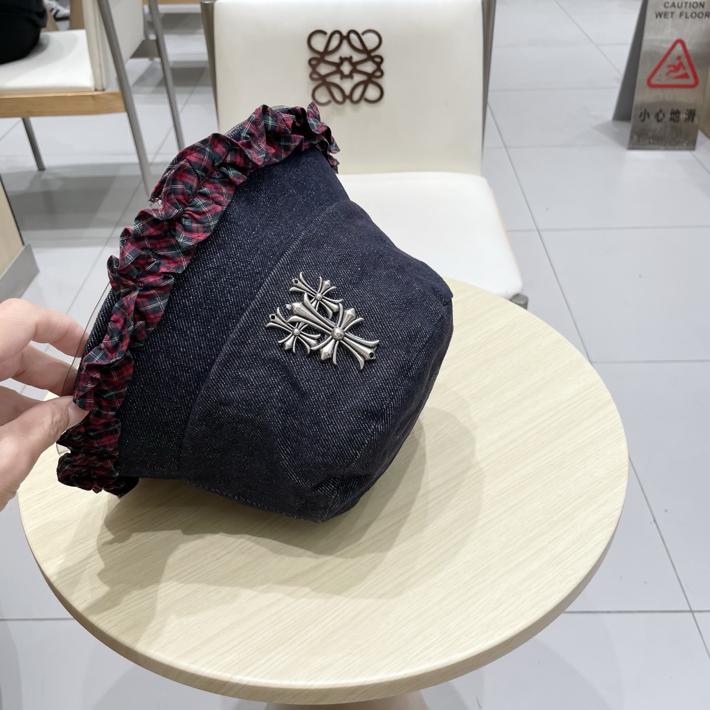 Chrome Hearts经典格纹木耳边牛仔渔夫帽女秋冬防晒太阳帽甜美百搭遮阳盆帽