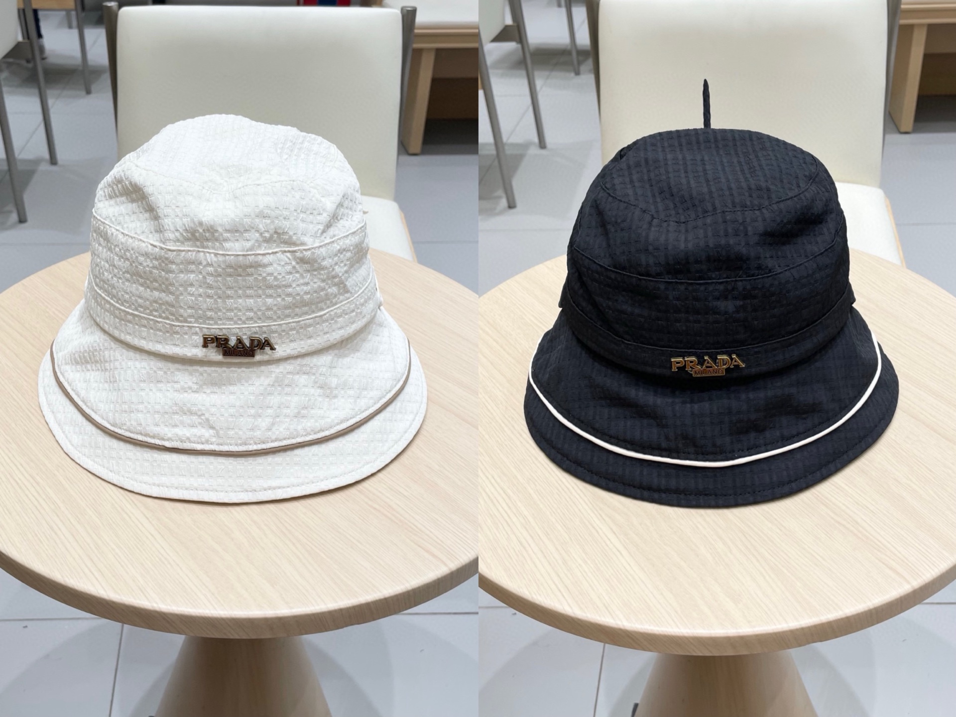  普拉达PRADA 2025新款女士简约有型盆帽撞色边系带蝴蝶结水桶帽春夏薄款百搭