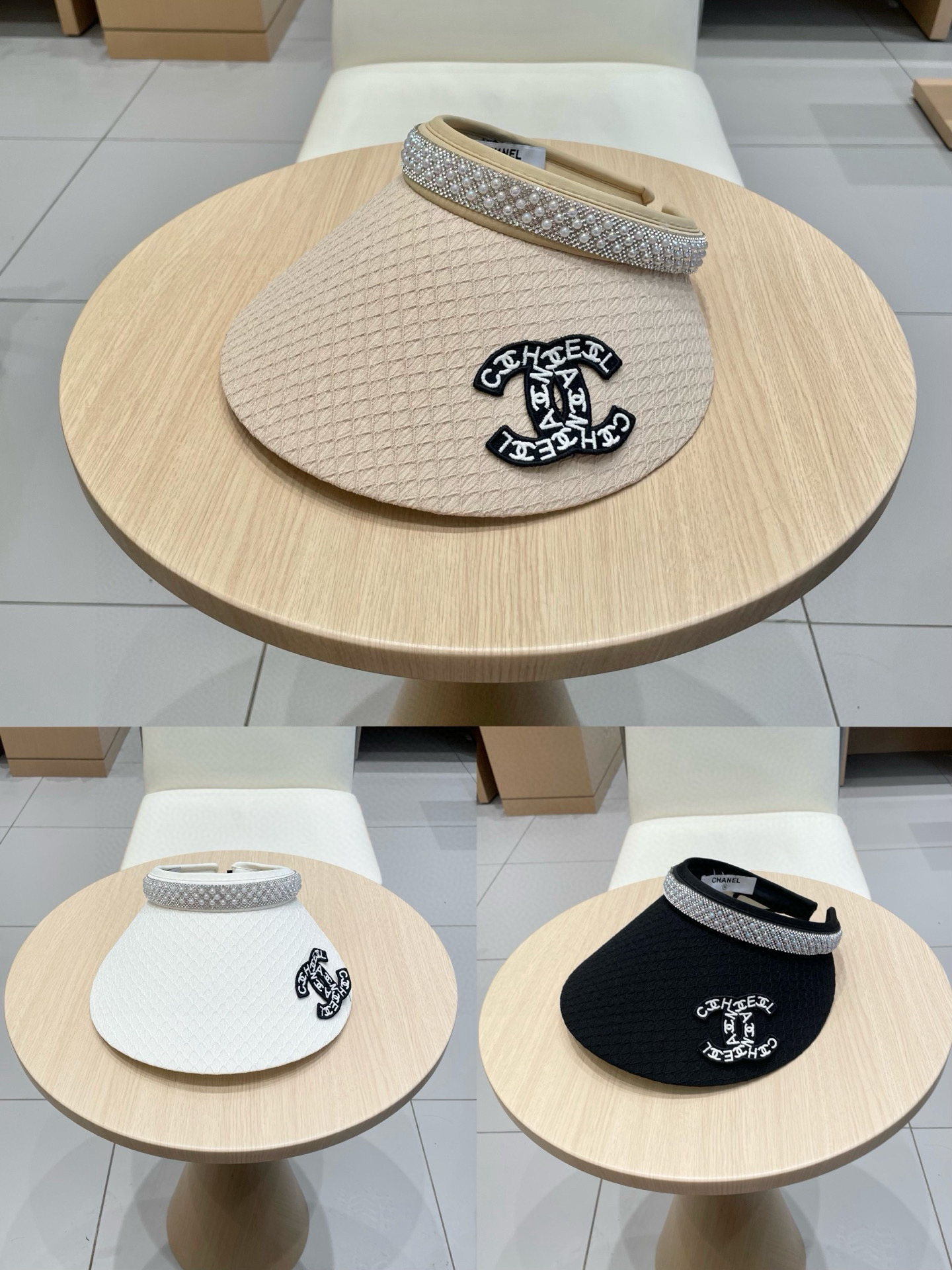  Chanel2025新款夏季防晒空顶帽女珍珠水钻帽子双层大帽檐防紫外线太阳帽