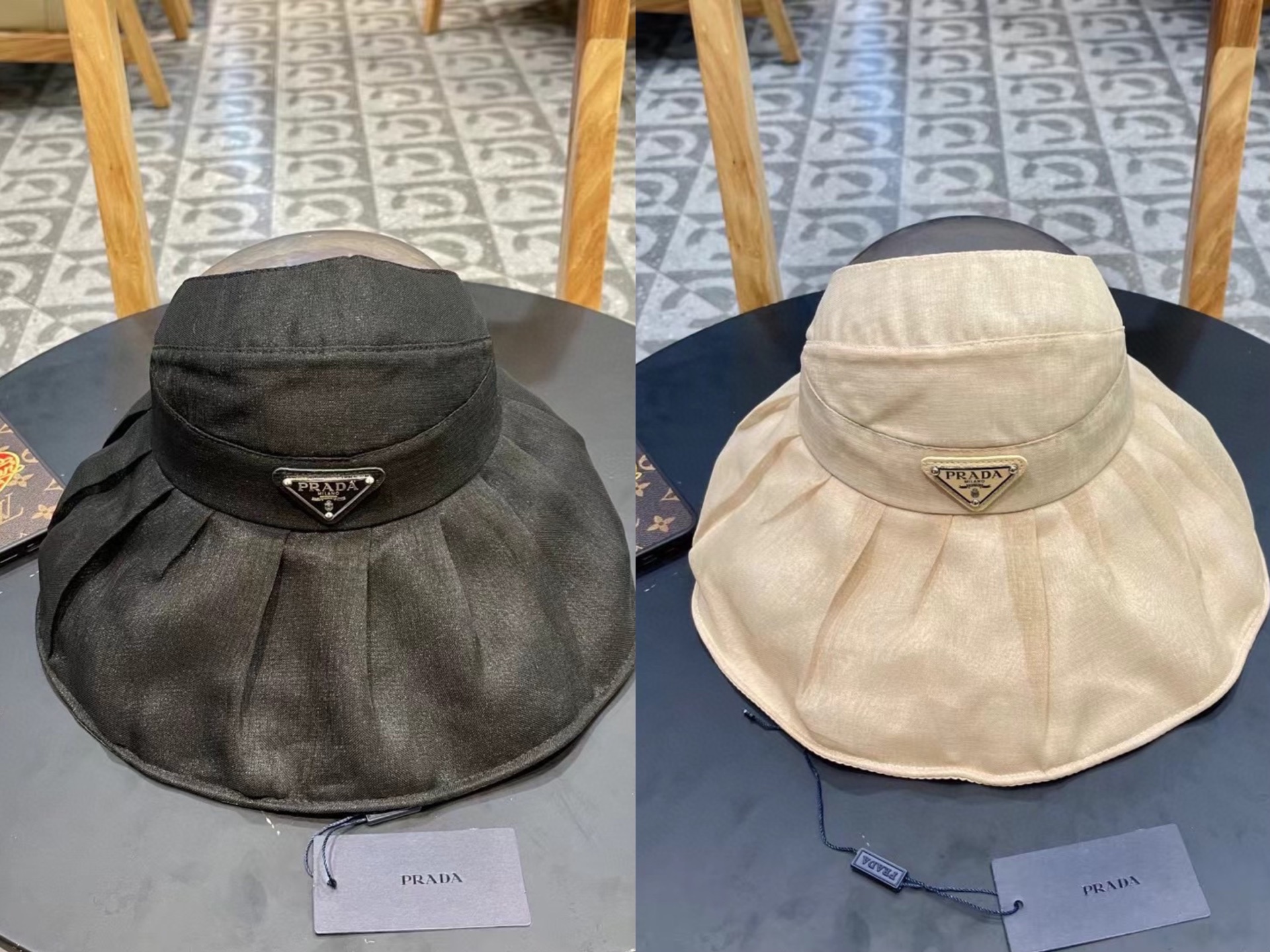 普拉达Prada新款春夏季防晒透气纯色简约空顶帽女遮阳大沿可调节帽子