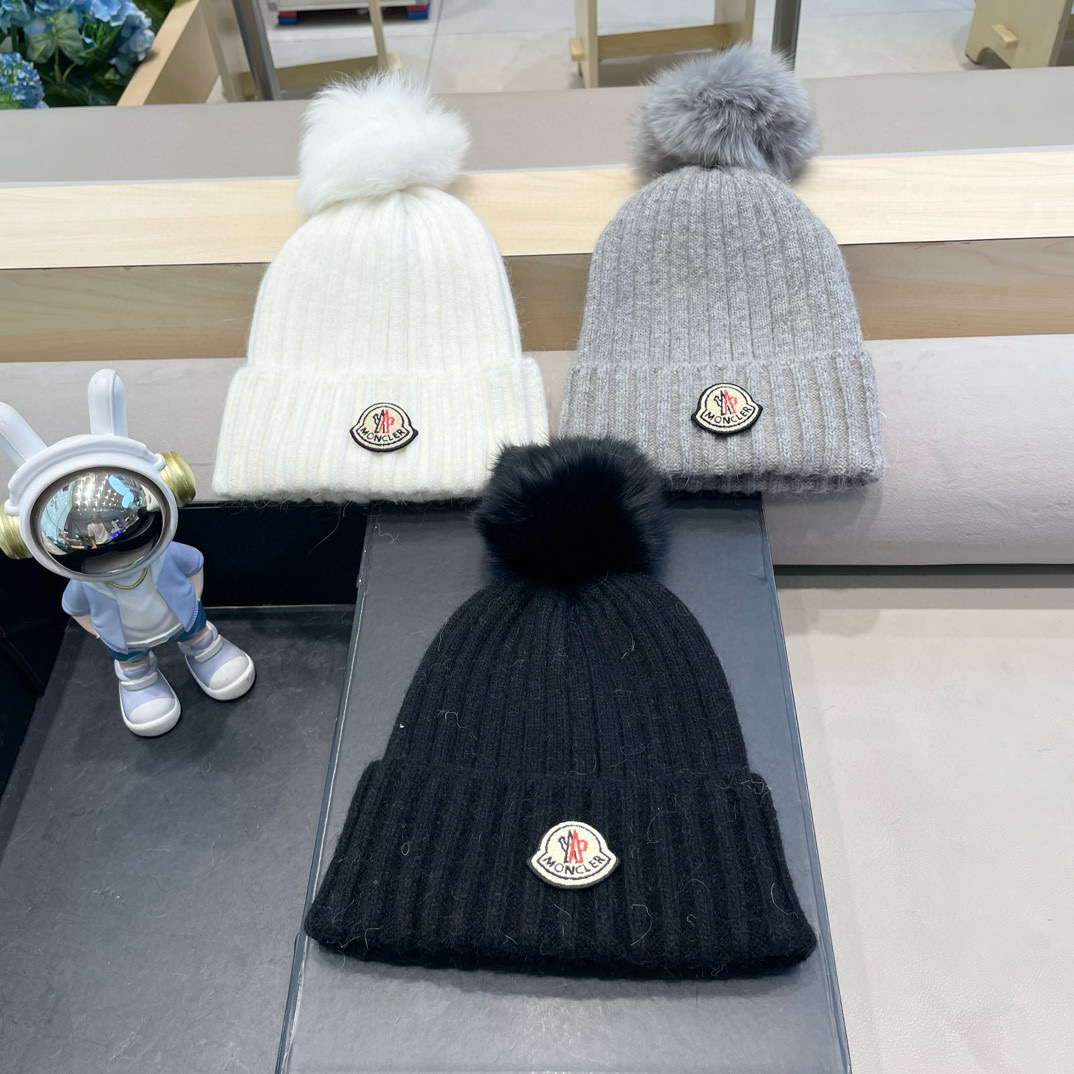  moncler帽子女冬天狐狸毛球毛线帽韩版百搭加绒加厚保暖护耳针织帽亲子帽