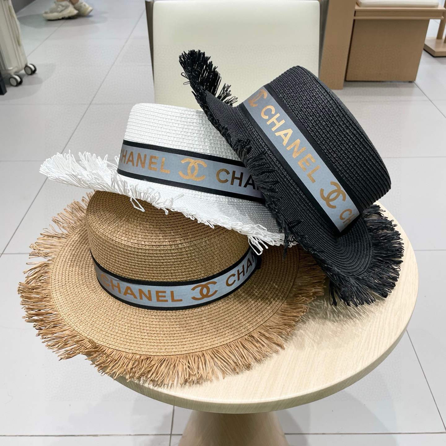  Chanel香奈儿平顶礼帽，草帽，麻纱配饰，高端订制，头围57cm