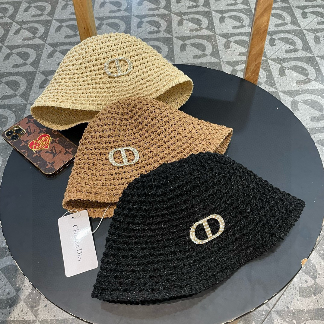  Dior夏季编织透气渔夫帽子女薄款遮阳草帽水桶帽日系显脸小遮脸太阳帽