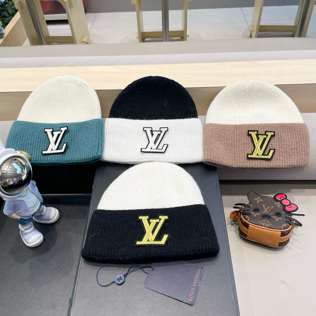  路易威登lv双拼色双层加厚保暖毛线帽子女冬韩版潮ins减龄显脸小情侣针织帽