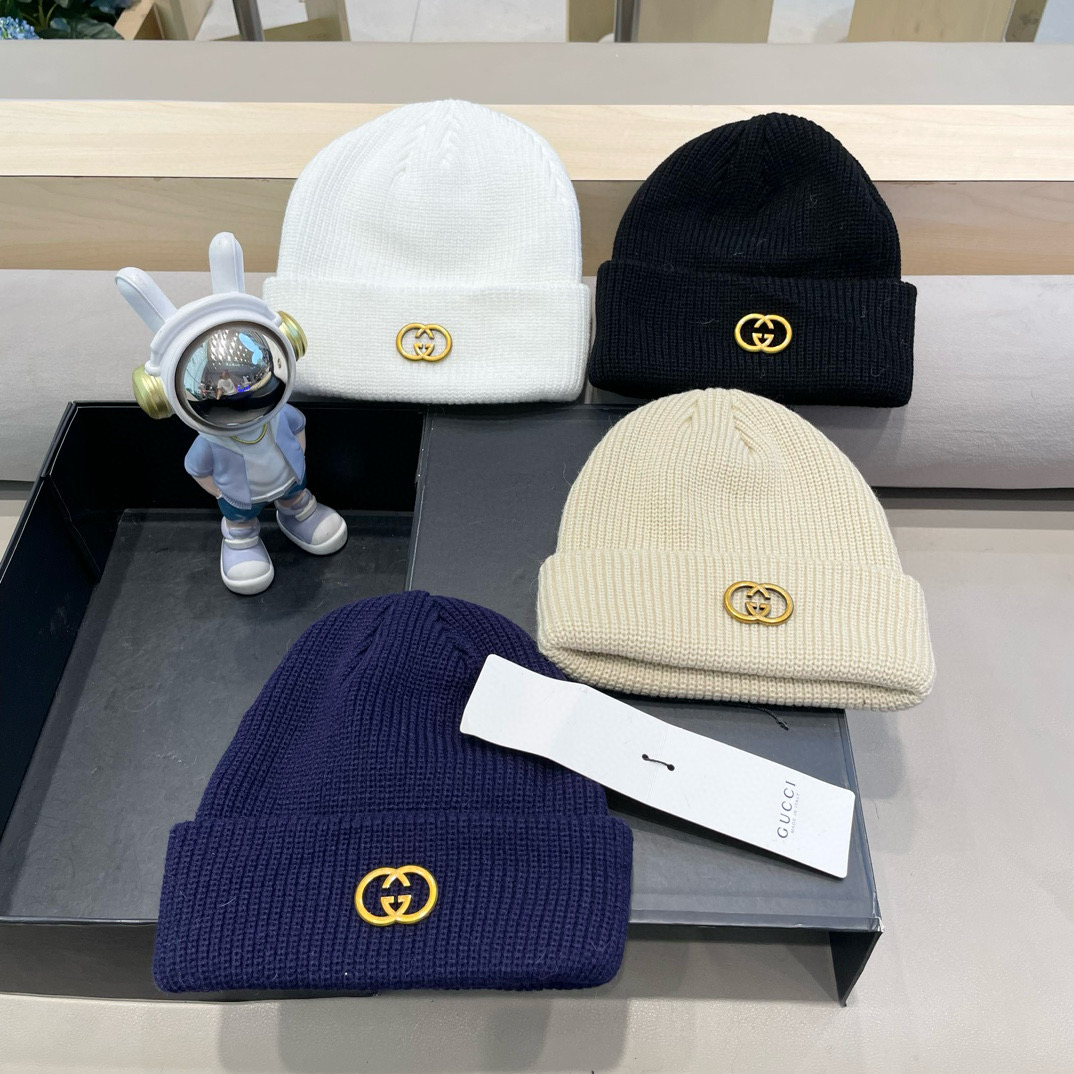  Gucci色美式针织冷帽大头围毛线帽子女保暖堆堆帽大脸显脸小护耳帽黑