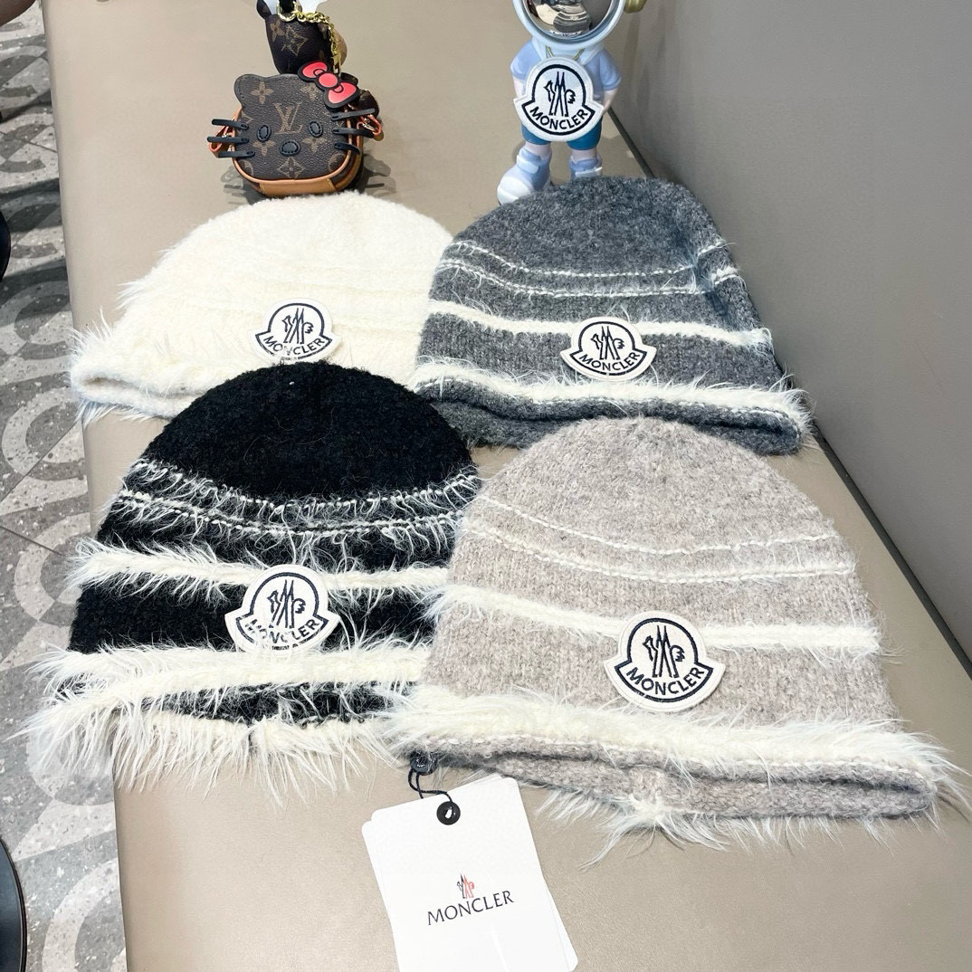   蒙口moncler堆堆帽女新款针织毛线渔夫帽条纹保暖百搭街头盆帽护耳骑车帽