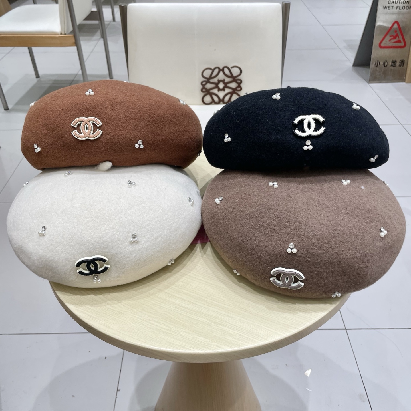  chanel香奈儿手工珍珠时尚百搭贝雷帽女秋冬新款优雅气质羊毛画家帽显脸小