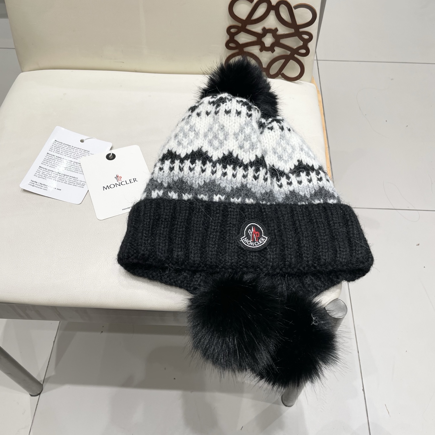  蒙口Moncler盟可睐💥毛线帽子女秋冬季提花针织护耳帽加厚保暖雷锋帽可爱毛球百搭冷帽