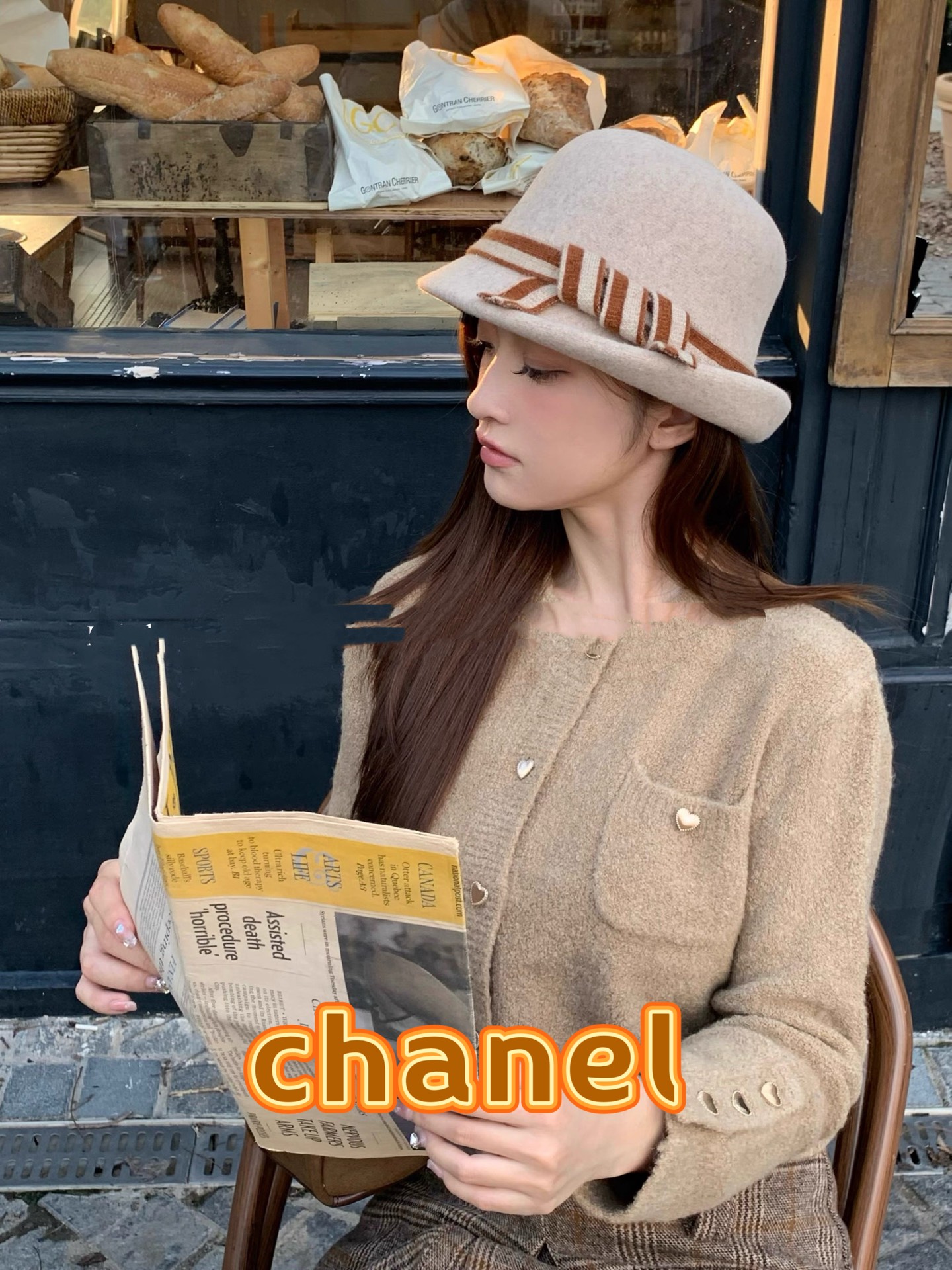  chanel香奈儿燕麦香气 羊毛针织蝴蝶结渔夫帽秋冬条纹织带盆帽