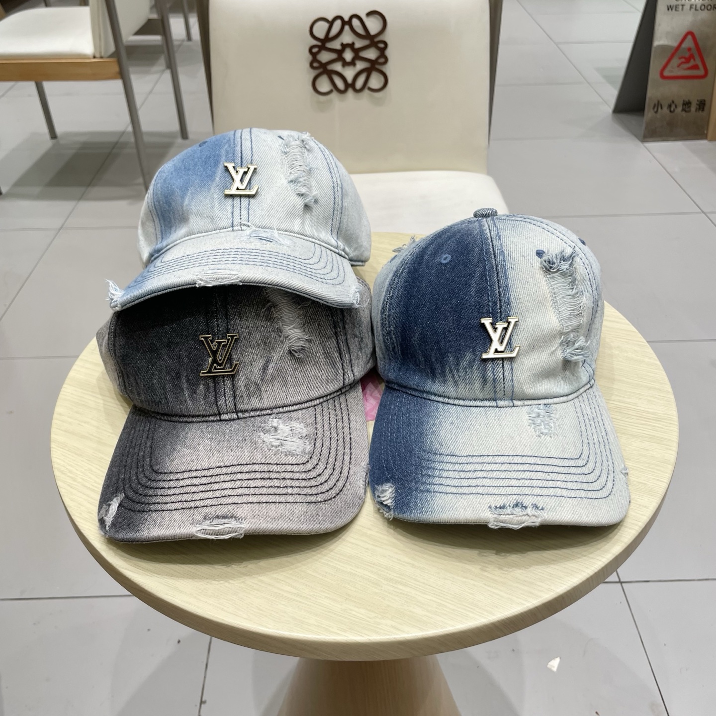  Lv路易威登水洗做旧破洞牛仔棒球帽女复古宽帽檐显脸遮阳百搭情侣鸭舌帽男潮