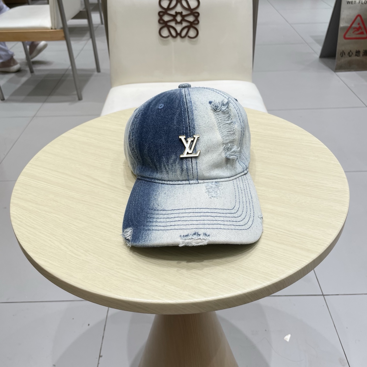  Lv路易威登水洗做旧破洞牛仔棒球帽女复古宽帽檐显脸遮阳百搭情侣鸭舌帽男潮