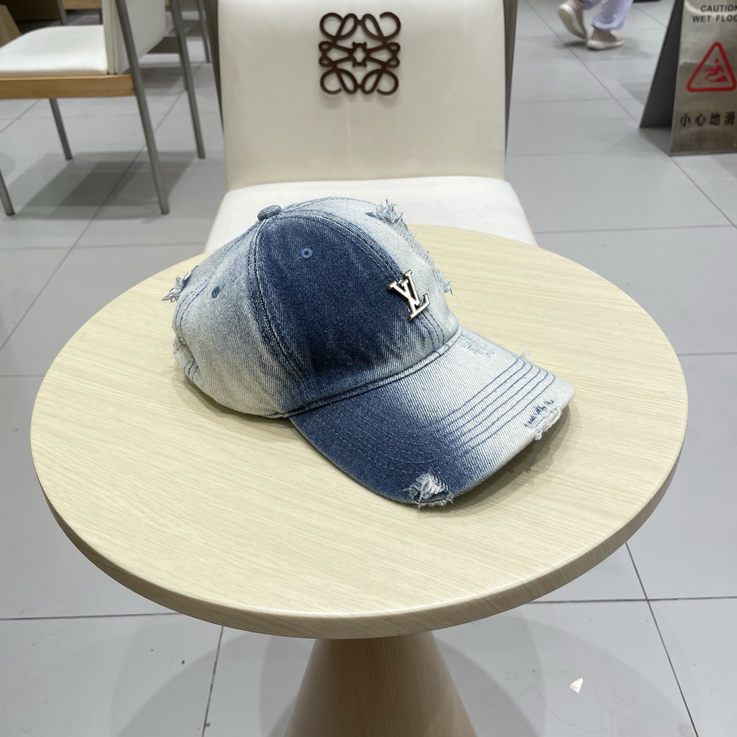  Lv路易威登水洗做旧破洞牛仔棒球帽女复古宽帽檐显脸遮阳百搭情侣鸭舌帽男潮