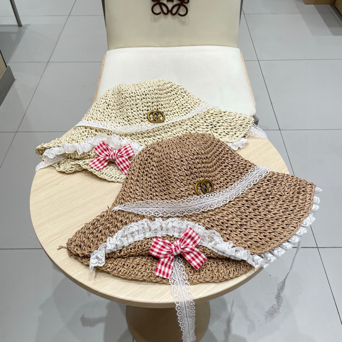 gucci古奇 2025新款蝴蝶结蕾丝花边翻檐草帽女夏季海边大帽檐防晒遮阳沙滩帽