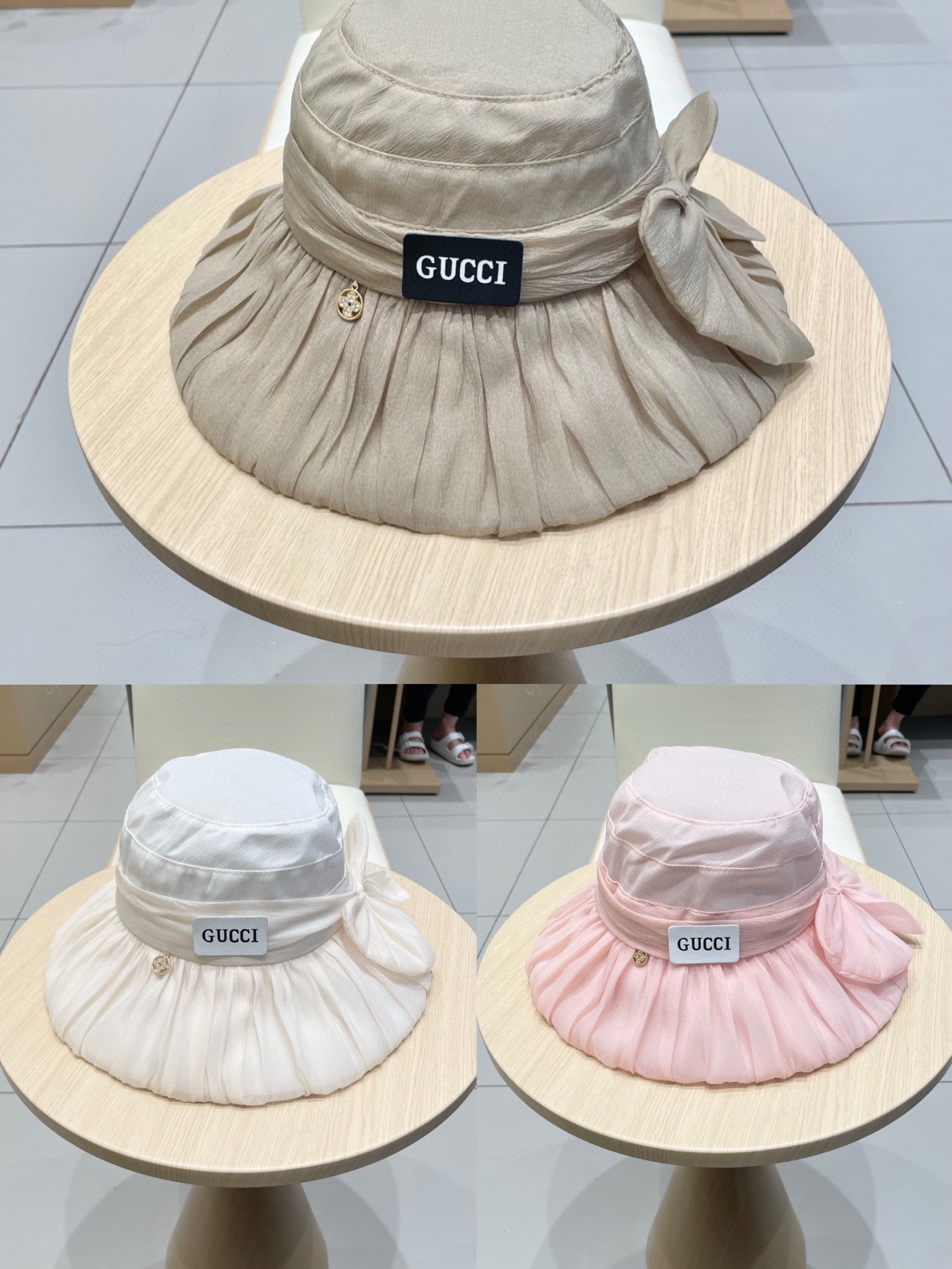  GUCCI古奇2025时尚气质优雅网纱遮阳帽女春夏出游仙女帽盆帽防晒遮阳太阳帽