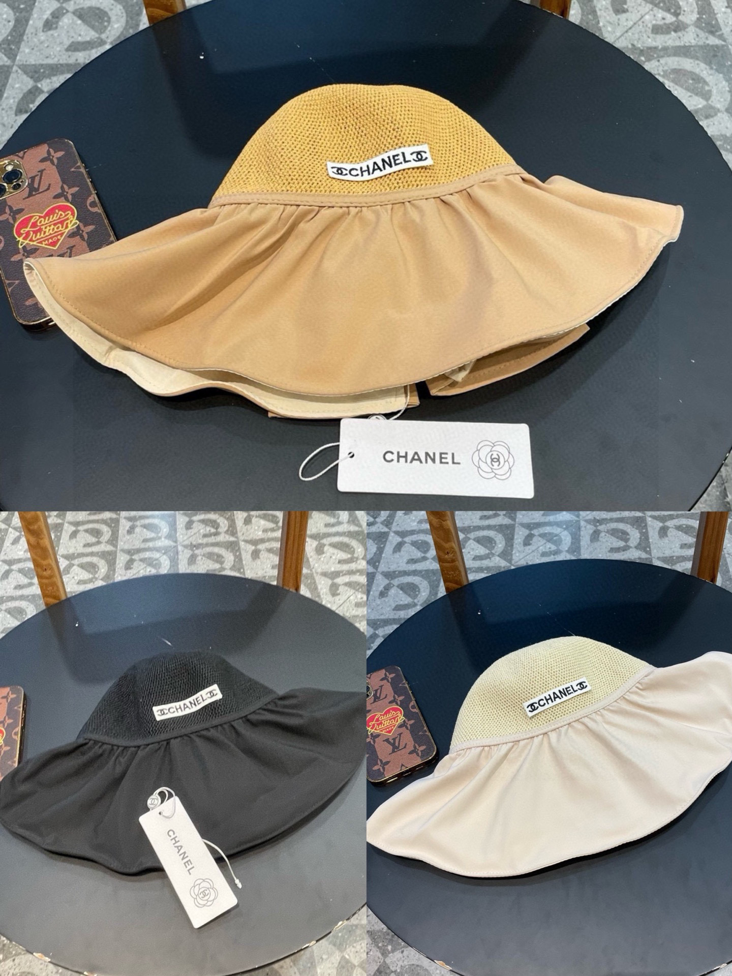  Chanel 夏季黑胶蝴蝶结遮阳帽女镂空草帽防紫外线大檐遮脸防晒太阳渔夫帽