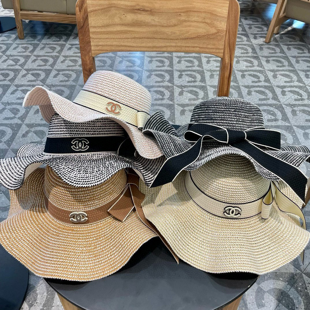 香奈儿Chanel新款荷叶边珍珠款大沿礼帽盆帽草帽，出街必备超好搭配，有调节绳