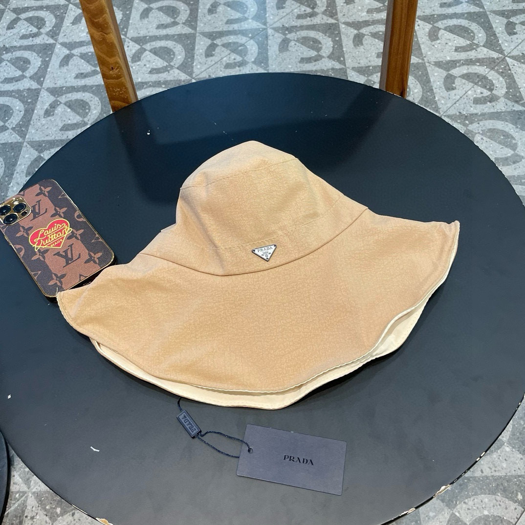   普拉达Prada遮阳帽女防紫外线夏季百搭渔夫帽防晒帽大檐帽显脸小遮脸太阳帽子