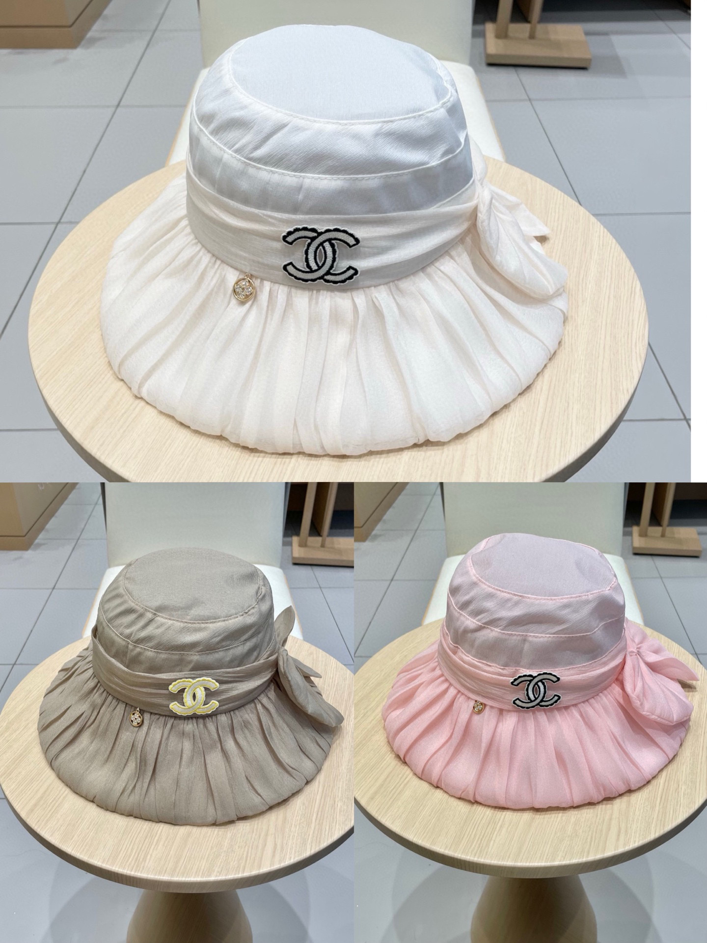  Chanel香奈儿春夏款时尚气质网纱遮阳帽女出游仙女帽大帽檐盆帽防晒遮阳太阳帽