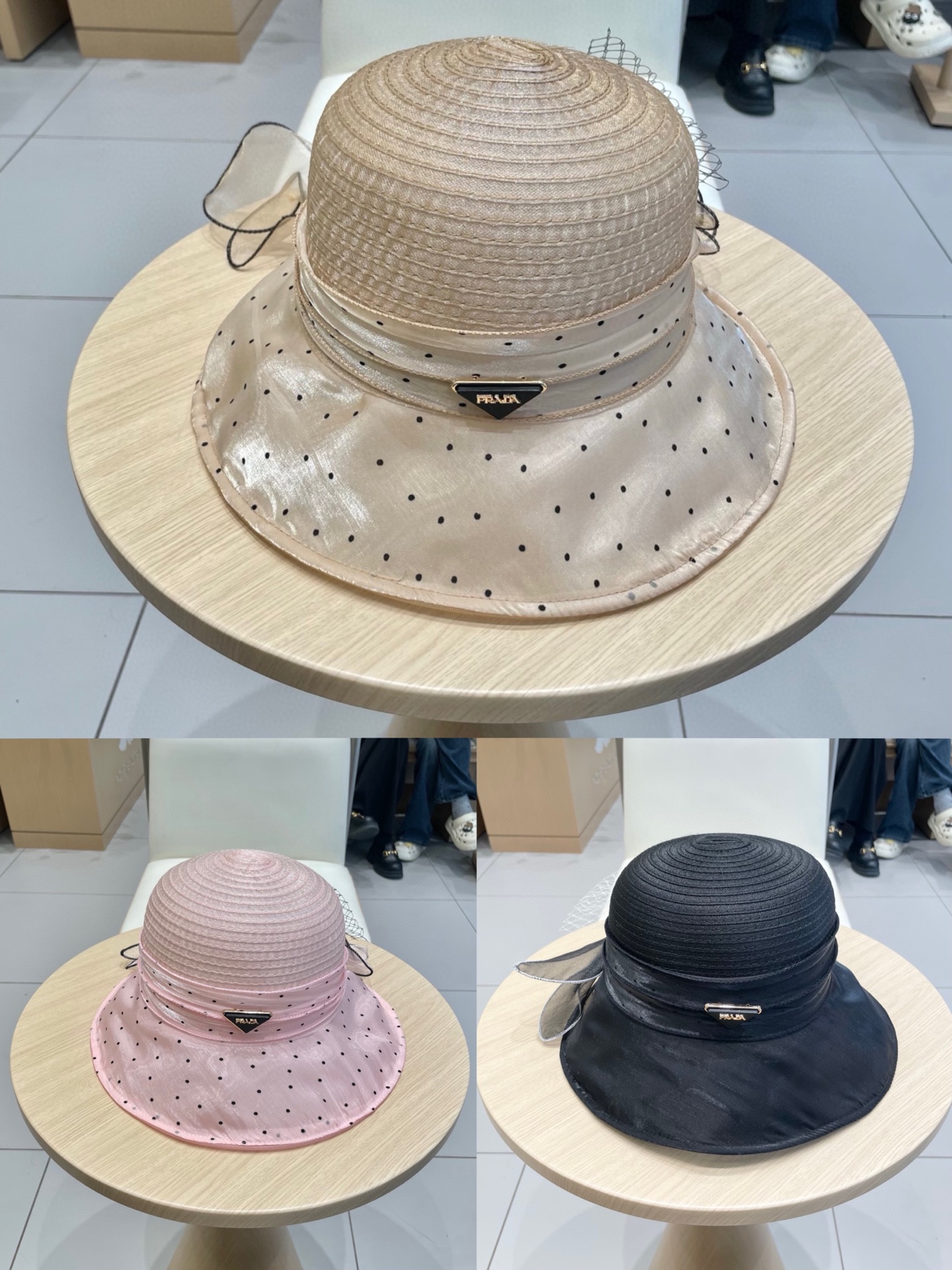  Prada普拉达优雅波点遮阳帽子女夏出行户外大花欧根纱防晒帽时尚透气凉帽