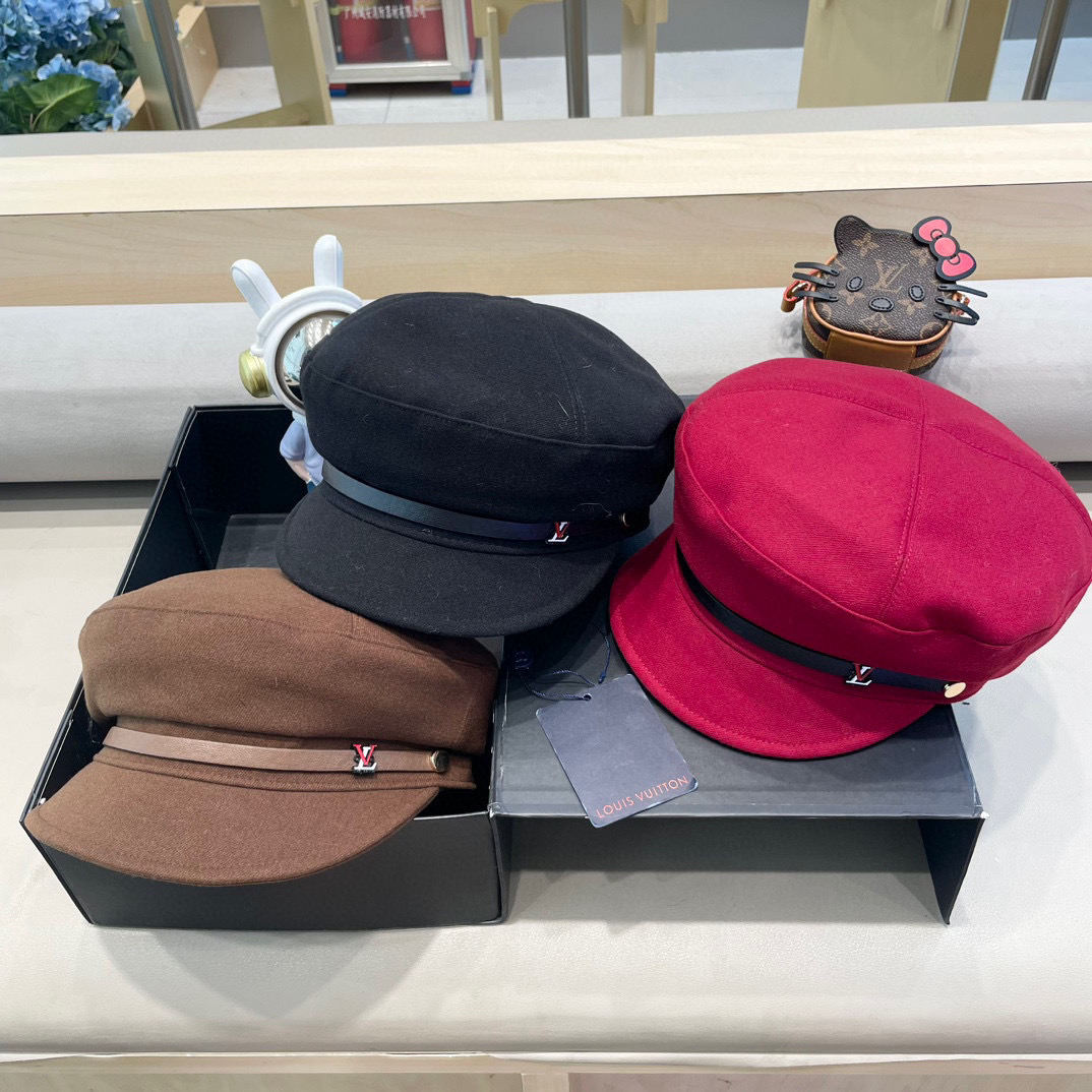  路易威登黑色贝雷帽女秋冬新款日系大头围蓓蕾帽显脸小八角画家帽子春