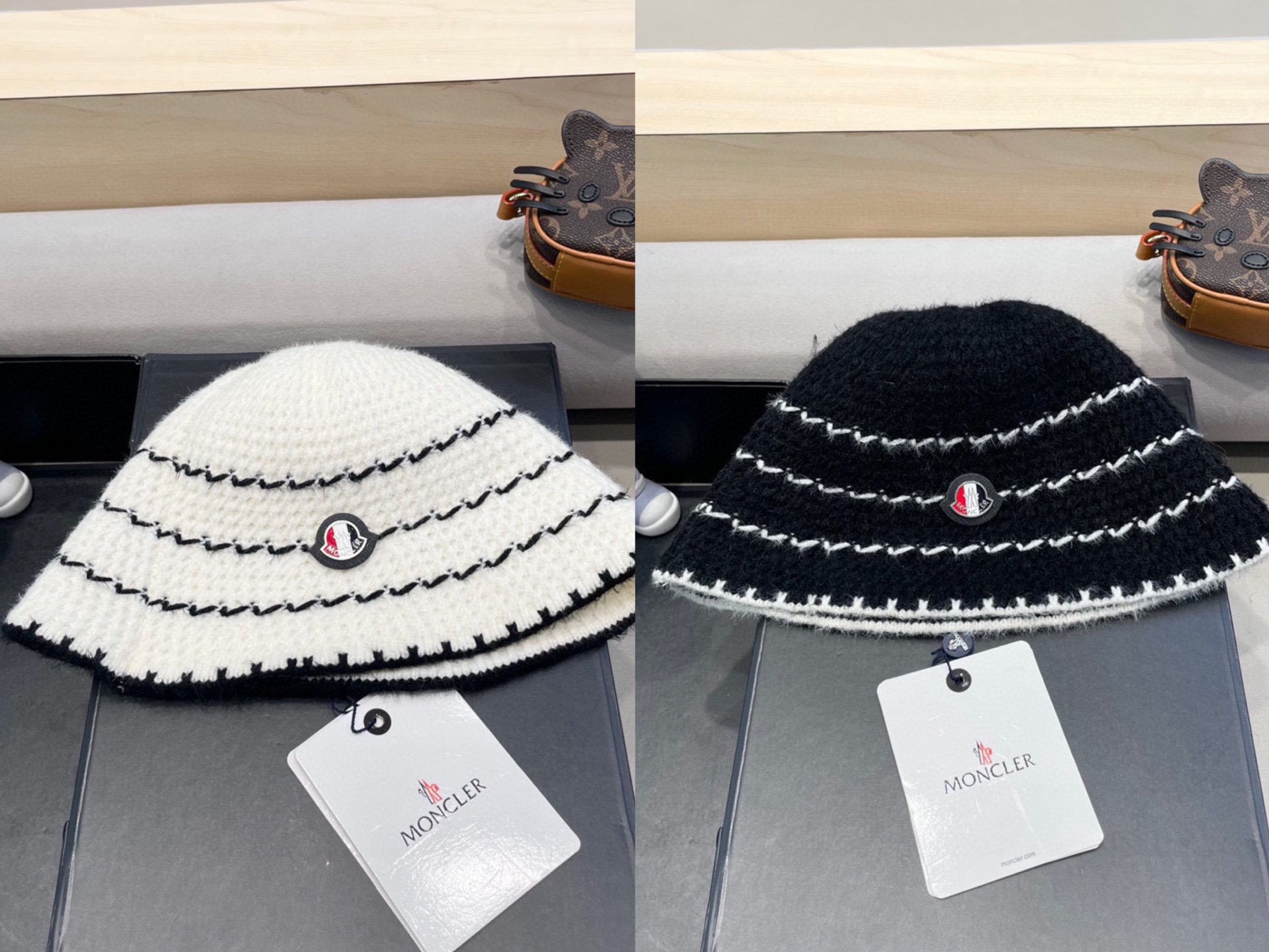   👒蒙‌口Moncler👒法式针织帽女春秋季新款时尚遮阳盆帽条纹防晒帽子水桶编织渔夫帽