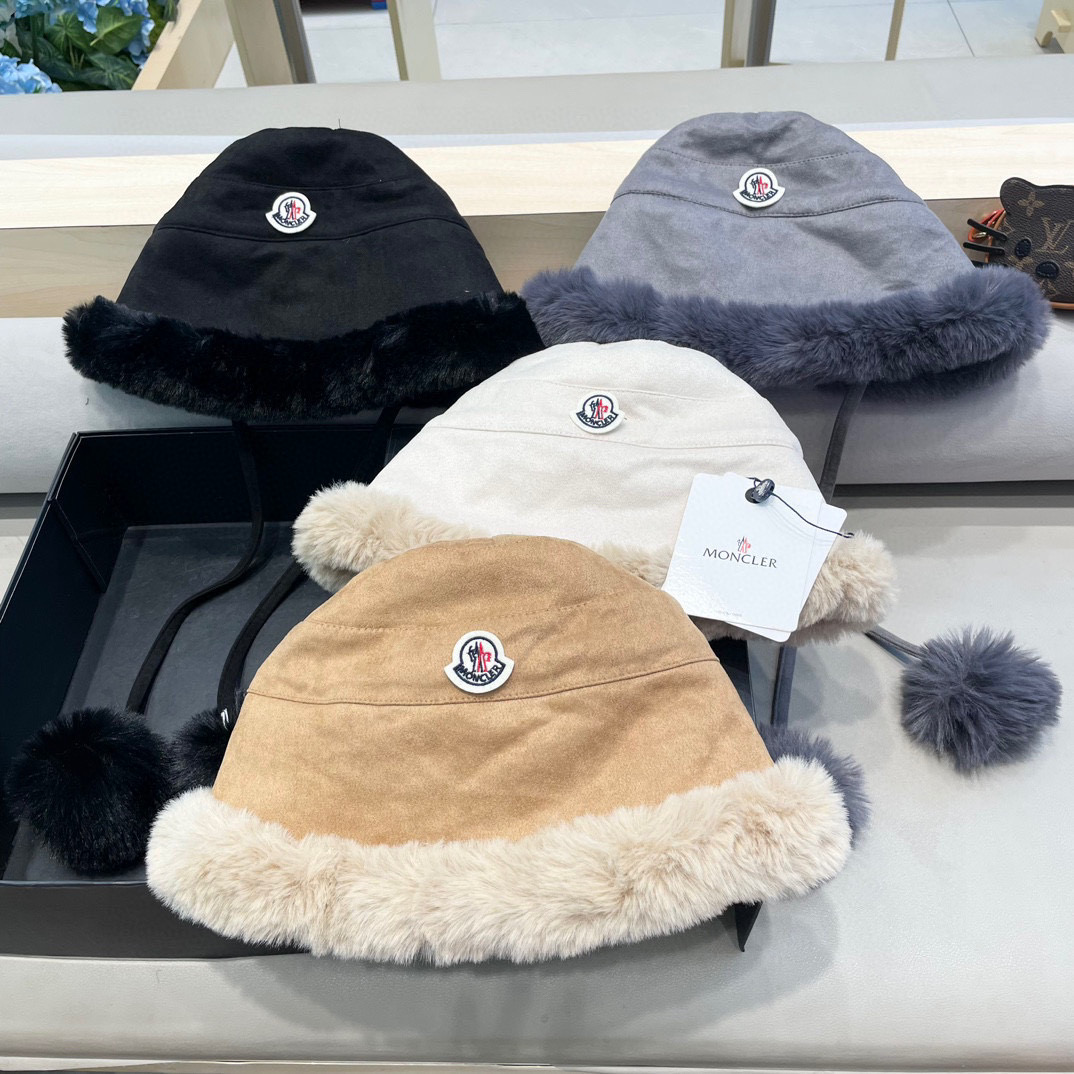  moncler潮牌蒙口凌誉麂皮绒球球渔夫帽加厚加绒保暖百搭滑雪护耳雷锋帽