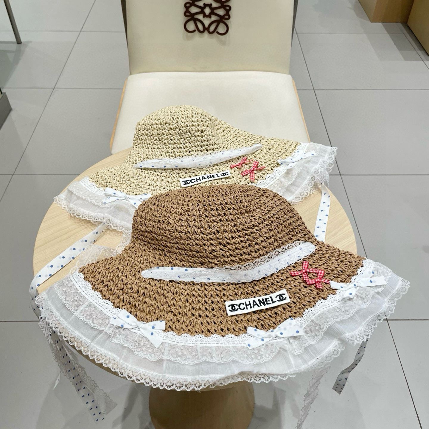  Chanel香奈儿甜美可爱蕾丝花边草帽女夏季大帽檐镂空防晒帽度假海边沙滩太阳帽