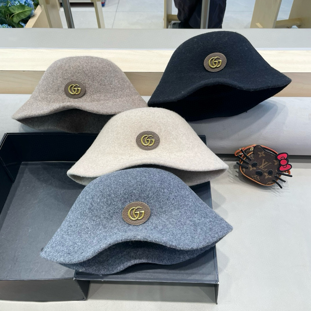  gucci羊毛呢渔夫帽女秋冬显脸小大头围复古时尚赫本法式小香风礼帽盆帽