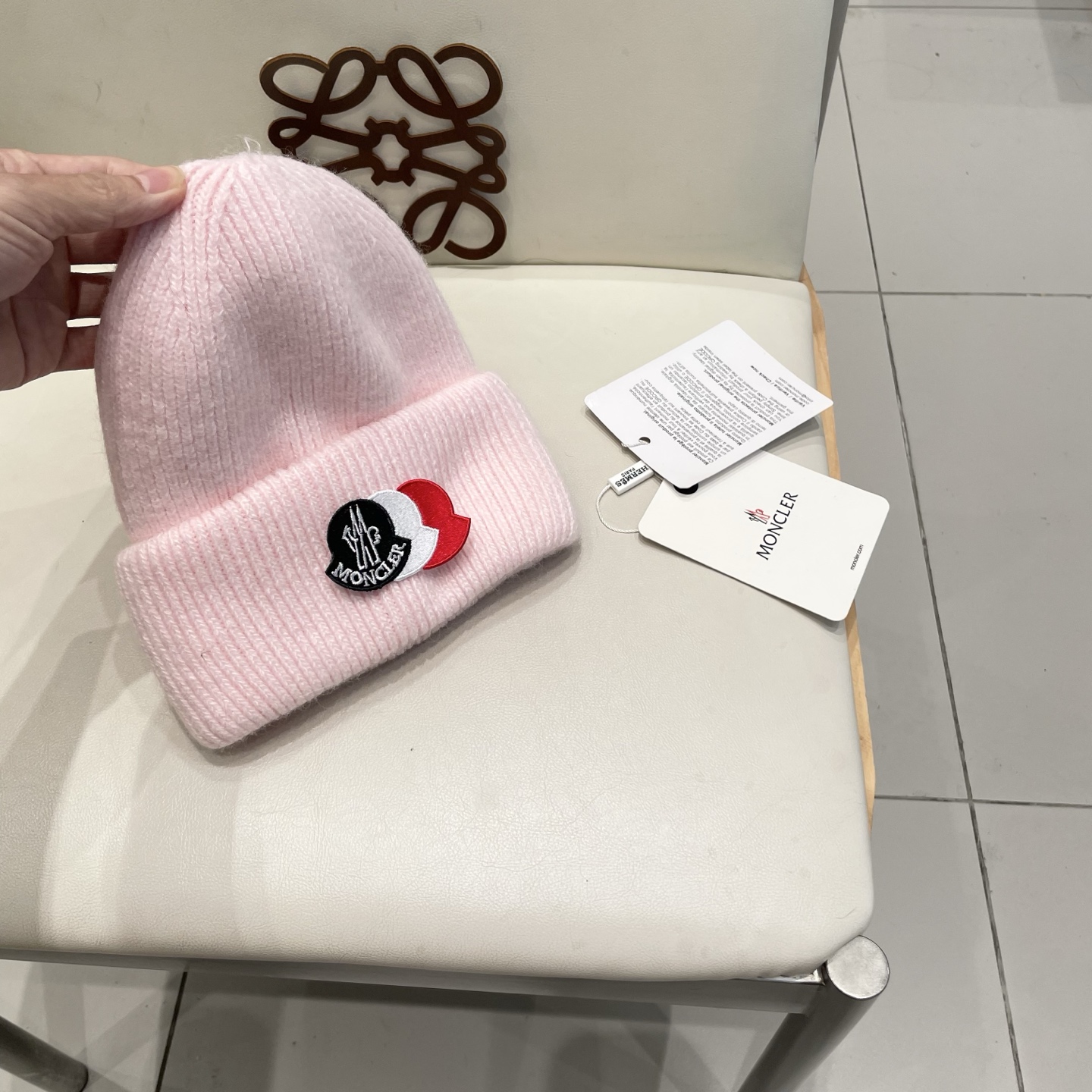  moncler 软糯安哥拉兔毛针织毛线帽女秋冬百搭显脸小玫粉色冷帽子