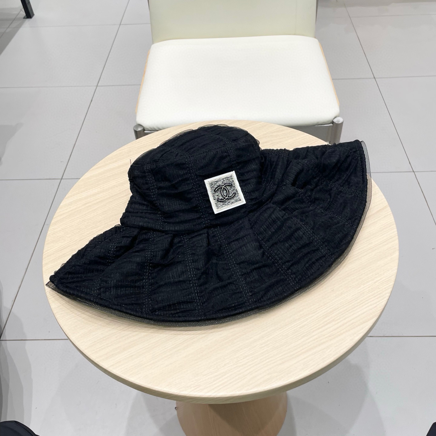  Chanel香奈儿新款夏季网纱大帽檐防晒帽女大头围褶皱拼接渔夫帽子